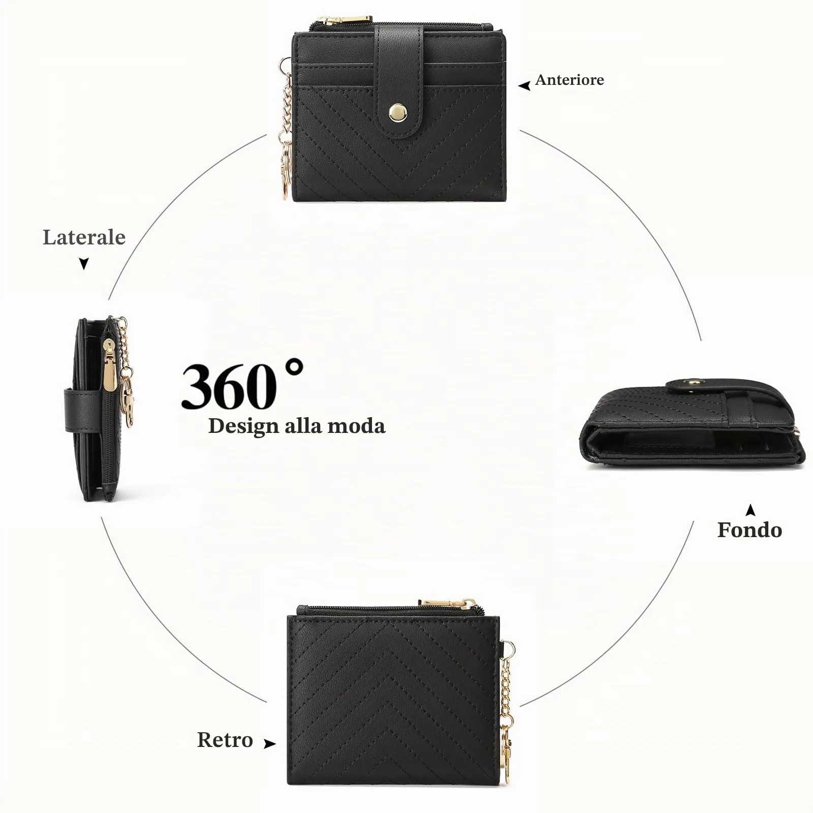 GAEKEAO Portafoglio Donna Piccolo con Blocco RFID, Portamonete Donna in Pelle PU con Cerniera e chiusura a Scatto Scomparti per Carte Multipli Porta Carte di Credito, Nero - immagine 7