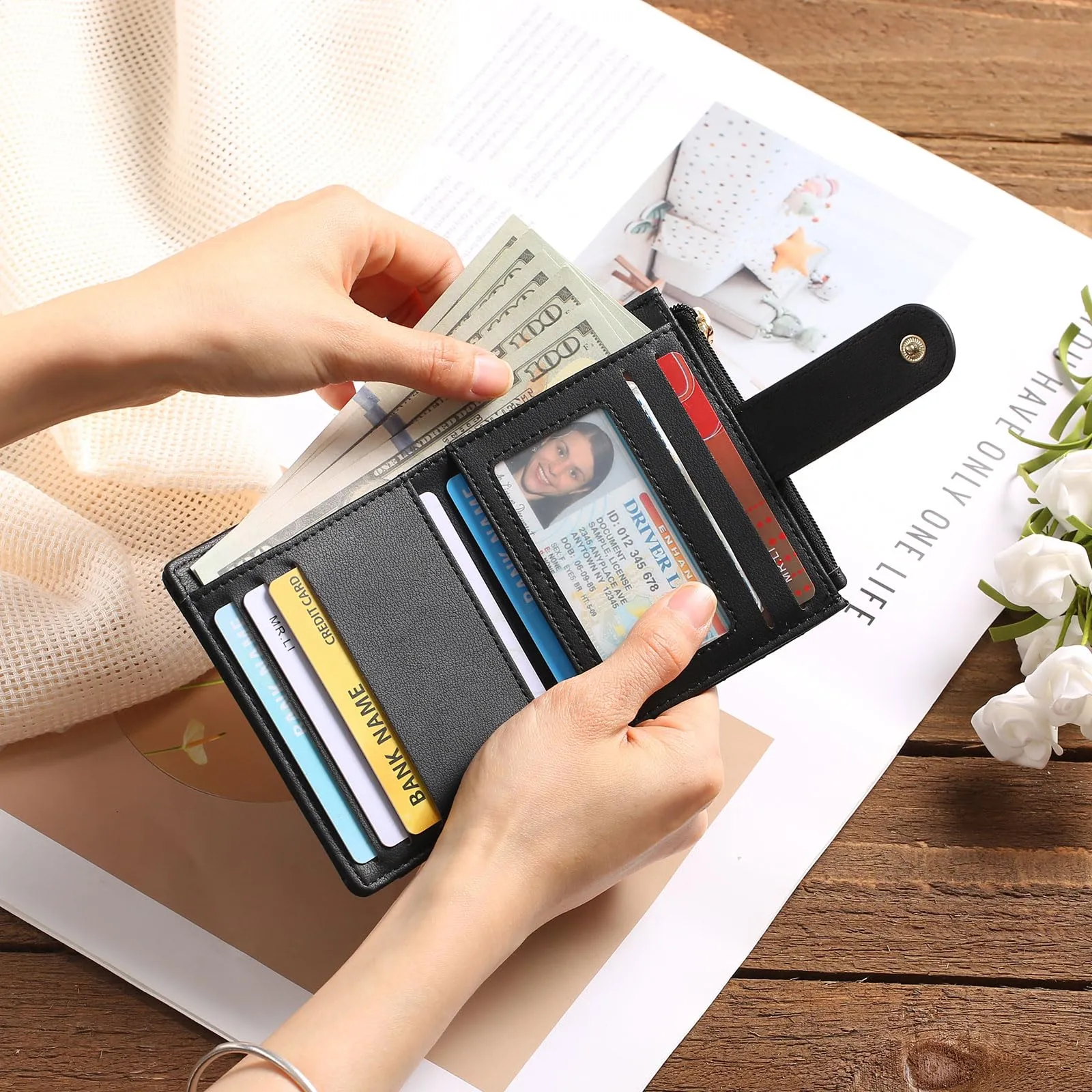 GAEKEAO Portafoglio Donna Piccolo con Blocco RFID, Portamonete Donna in Pelle PU con Cerniera e chiusura a Scatto Scomparti per Carte Multipli Porta Carte di Credito, Nero - immagine 8