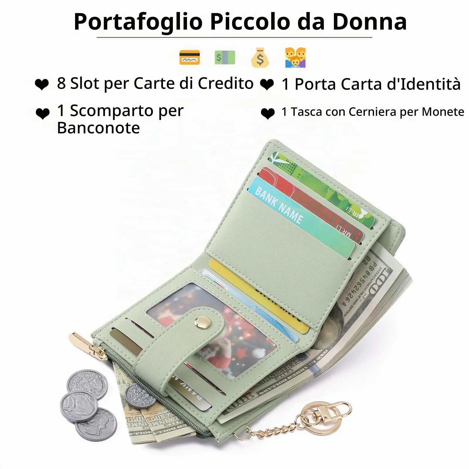 GAEKEAO Portafoglio Donna Piccolo con Blocco RFID, Portamonete Donna in Pelle PU con Cerniera e chiusura a Scatto Scomparti per Carte Multipli Porta Carte di Credito, Verde - immagine 2