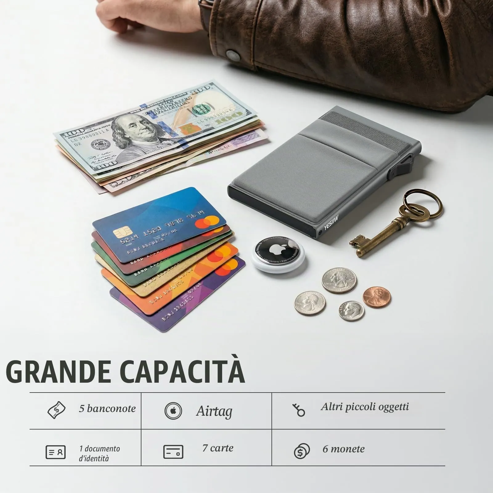 YESIIW Portafoglio minimalista con protezione RFID, porta carte di credito, sottile, con scomparto per monete, piccolo portafoglio da uomo, A03 - grigio, Minimalista - immagine 4