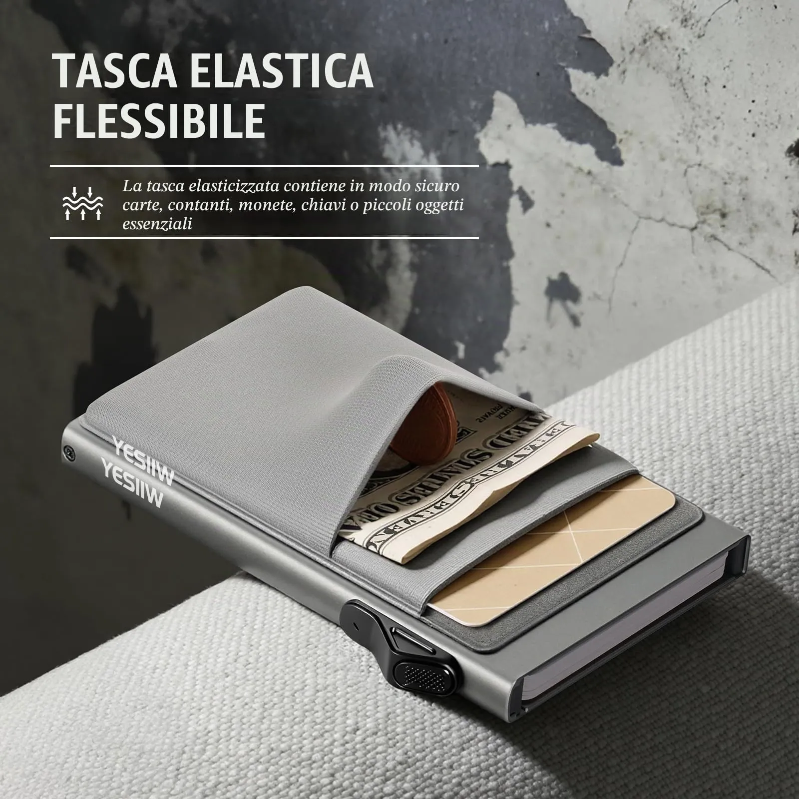 YESIIW Portafoglio minimalista con protezione RFID, porta carte di credito, sottile, con scomparto per monete, piccolo portafoglio da uomo, A03 - grigio, Minimalista - immagine 6