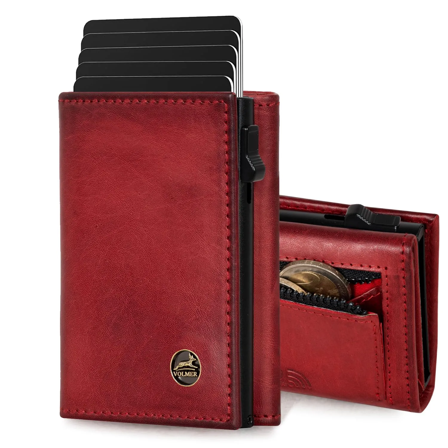 Fa.Volmer Porta carte con portamonete in vera pelle per uomo e donna | 11 carte | protezione RFID | Portafoglio VO44 (Bordeaux Red, piccolo scomparto per monete) - immagine 1