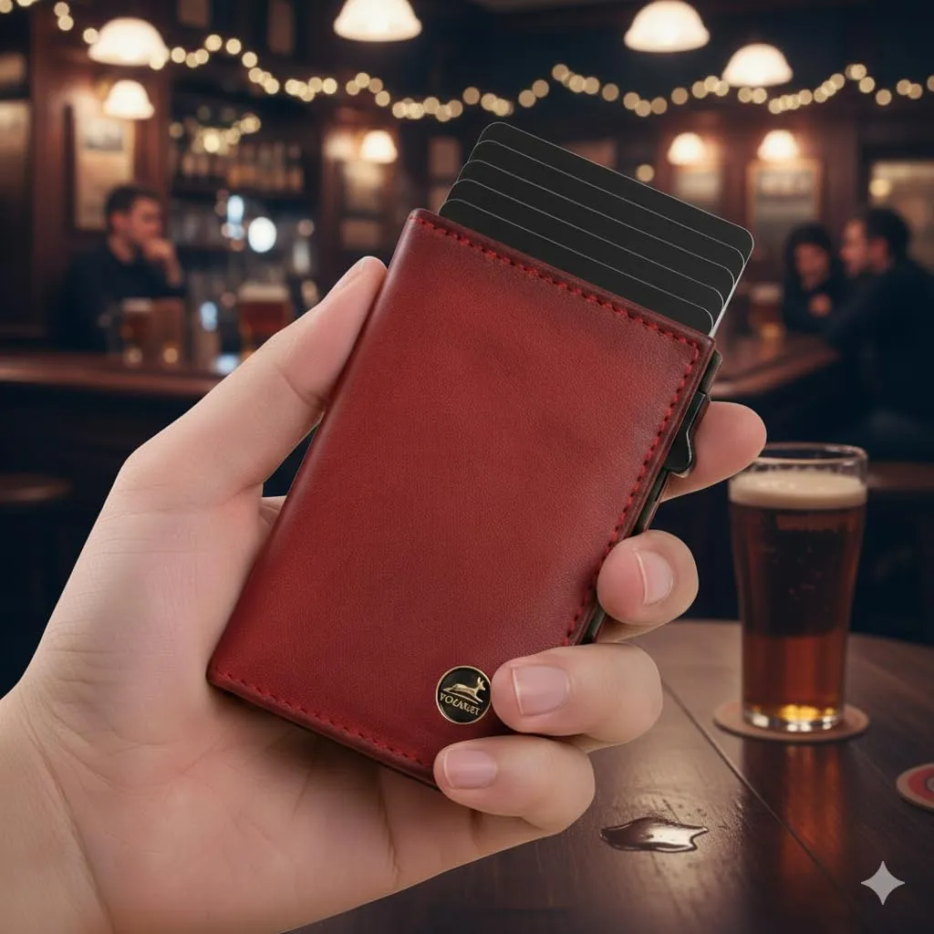 Fa.Volmer Porta carte con portamonete in vera pelle per uomo e donna | 11 carte | protezione RFID | Portafoglio VO44 (Bordeaux Red, piccolo scomparto per monete) - immagine 2