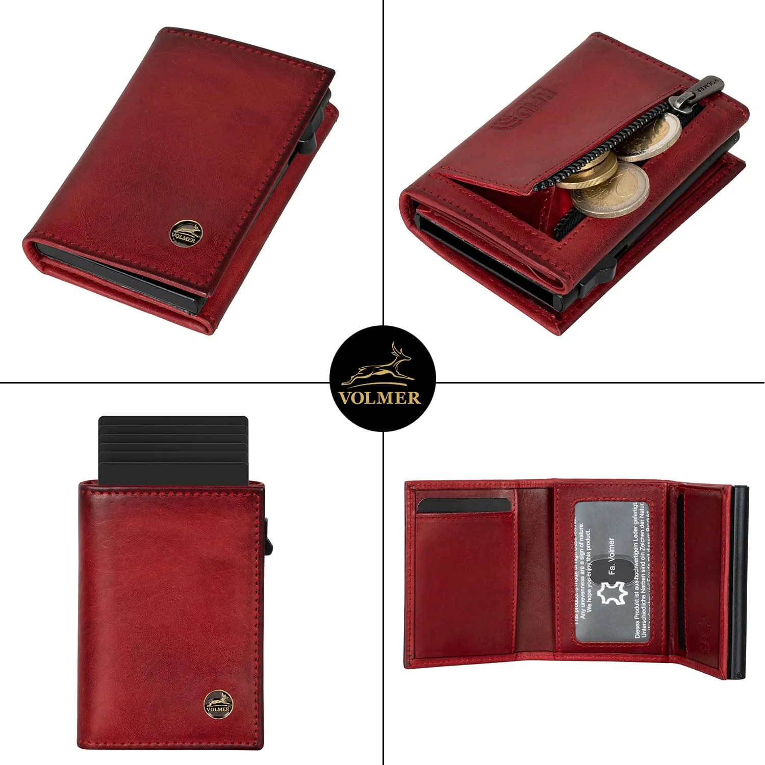 Fa.Volmer Porta carte con portamonete in vera pelle per uomo e donna | 11 carte | protezione RFID | Portafoglio VO44 (Bordeaux Red, piccolo scomparto per monete) - immagine 3