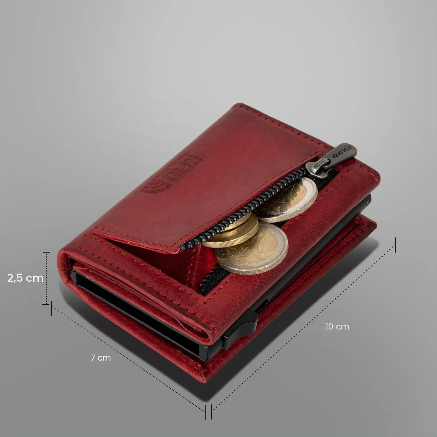 Fa.Volmer Porta carte con portamonete in vera pelle per uomo e donna | 11 carte | protezione RFID | Portafoglio VO44 (Bordeaux Red, piccolo scomparto per monete) - immagine 6
