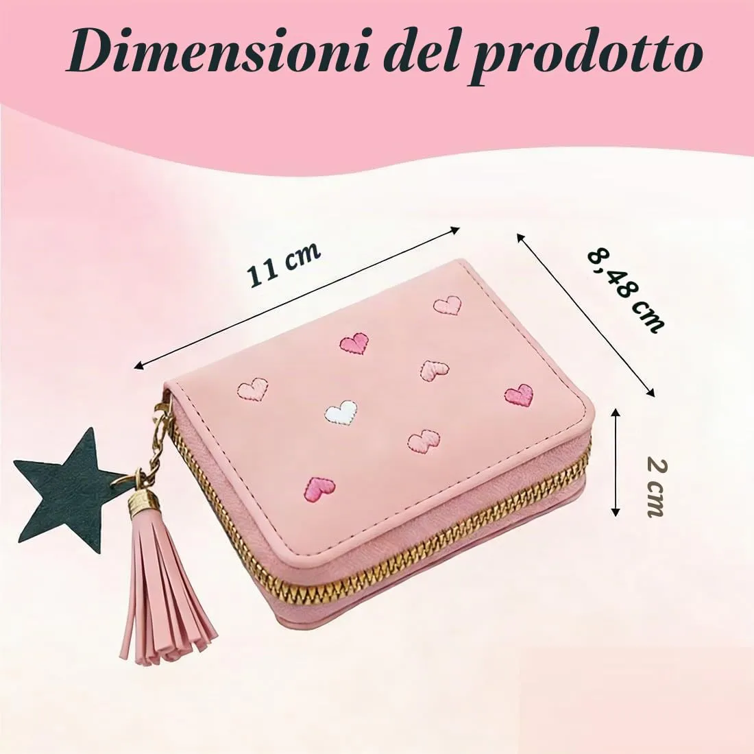ZUWIJEQ Portafoglio Bambino, borsetta ragazza, PU Carino Ricamo Cuore Sottile Piccoli Portafoglio Ragazza con Nappa Cerniera portafoglio Slim Donna Teens Ragazze con Nastri di Gomma (Rosa) - immagine 2