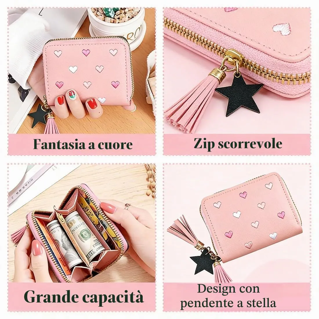 ZUWIJEQ Portafoglio Bambino, borsetta ragazza, PU Carino Ricamo Cuore Sottile Piccoli Portafoglio Ragazza con Nappa Cerniera portafoglio Slim Donna Teens Ragazze con Nastri di Gomma (Rosa) - immagine 3