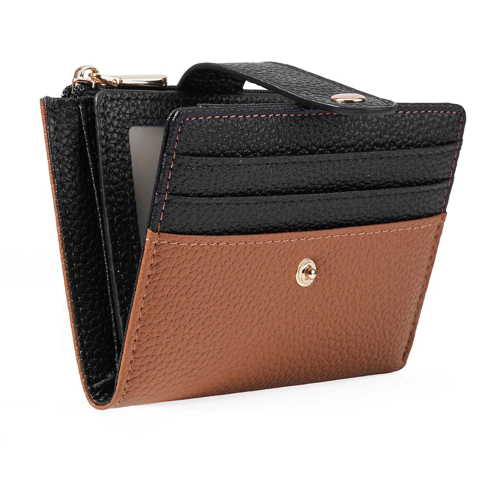 GOIACII Portafoglio da donna in pelle con blocco RFID, sottile, piccolo e in formato corto, per donne con chiusura lampo, portamonete, A06 nero marrone - immagine 1