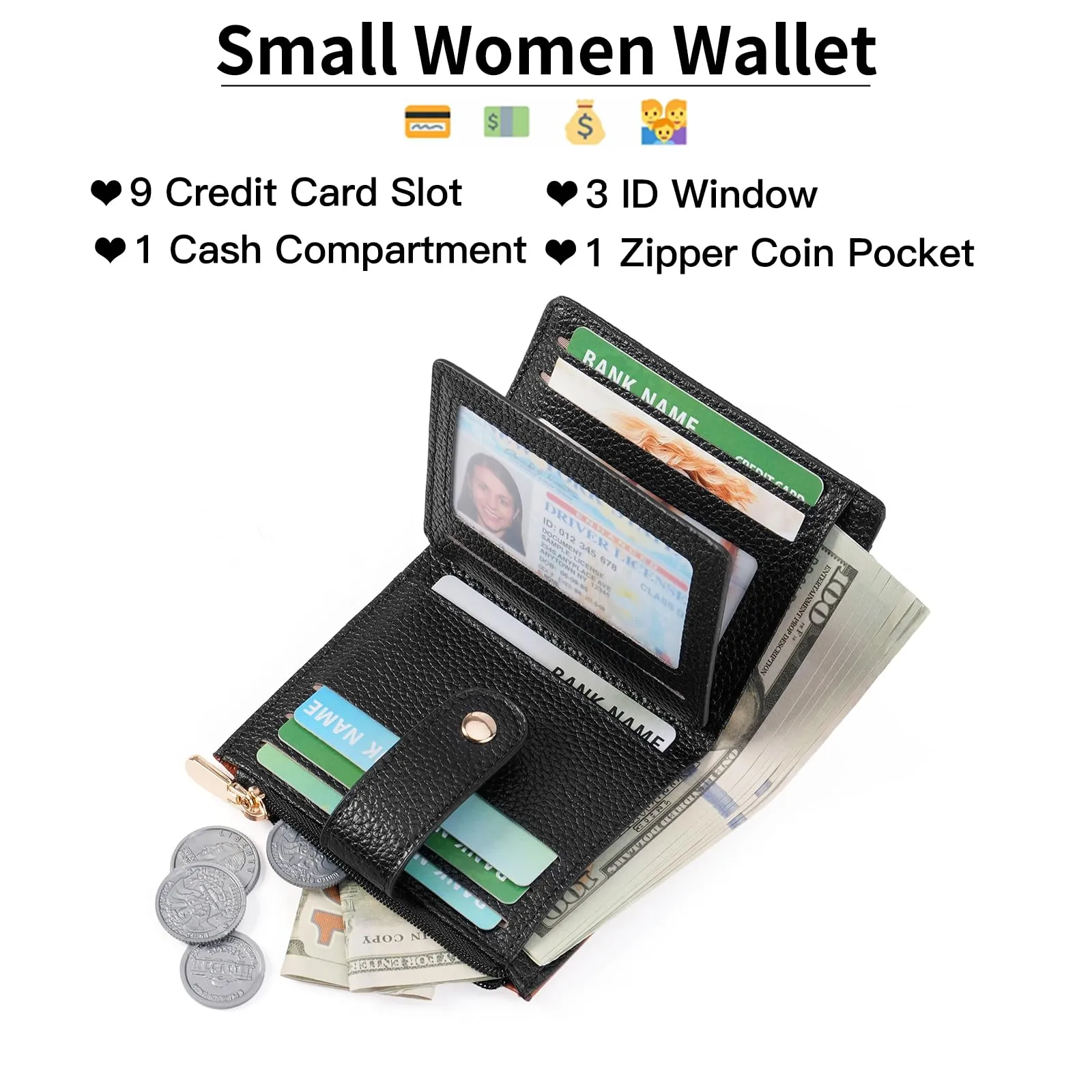 GOIACII Portafoglio da donna in pelle con blocco RFID, sottile, piccolo e in formato corto, per donne con chiusura lampo, portamonete, A06 nero marrone - immagine 2