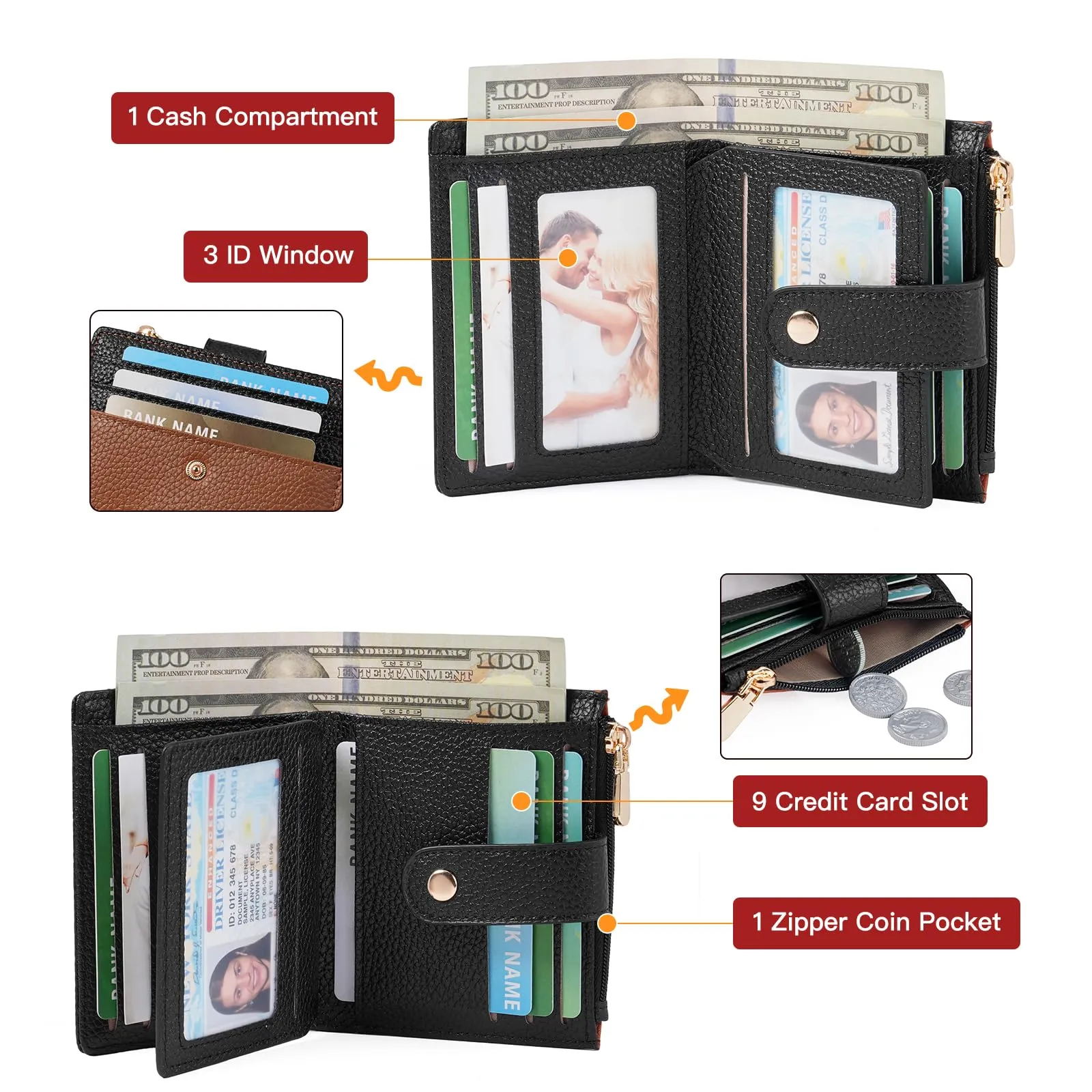 GOIACII Portafoglio da donna in pelle con blocco RFID, sottile, piccolo e in formato corto, per donne con chiusura lampo, portamonete, A06 nero marrone - immagine 3