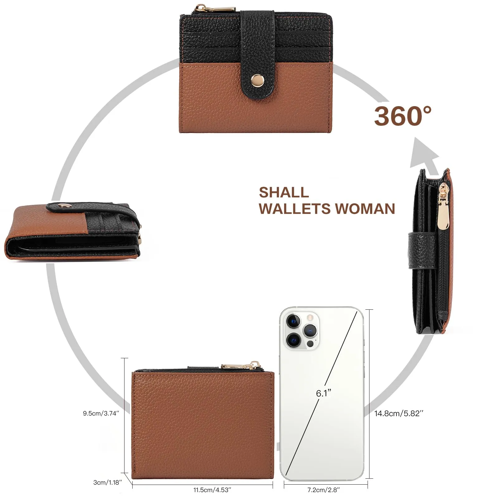 GOIACII Portafoglio da donna in pelle con blocco RFID, sottile, piccolo e in formato corto, per donne con chiusura lampo, portamonete, A06 nero marrone - immagine 4