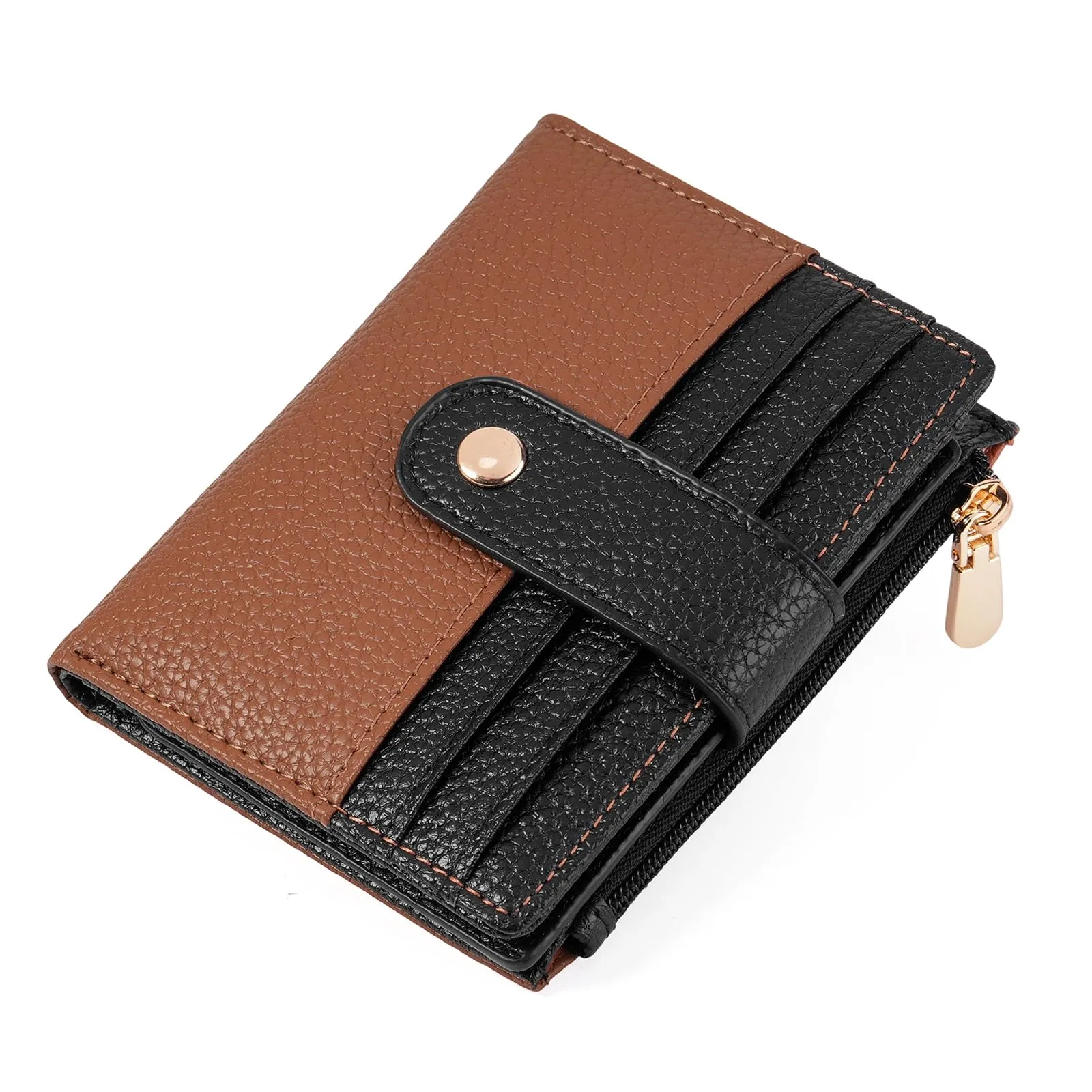 GOIACII Portafoglio da donna in pelle con blocco RFID, sottile, piccolo e in formato corto, per donne con chiusura lampo, portamonete, A06 nero marrone - immagine 8