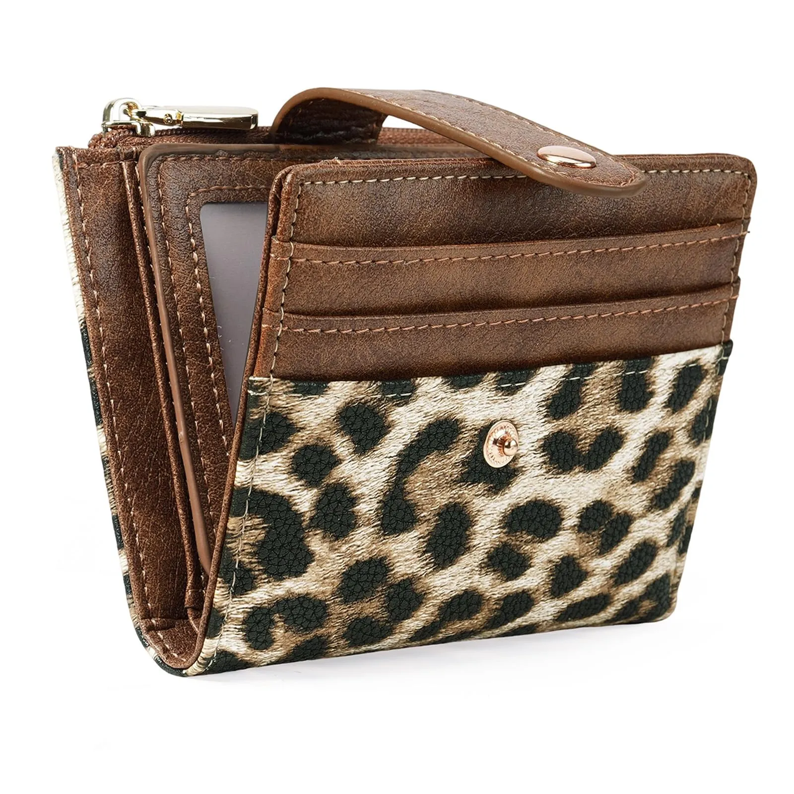 GOIACII Portafoglio da donna in pelle con blocco RFID, sottile, piccolo e in formato corto, per donne con chiusura lampo, portamonete, A05-leopardo marrone - immagine 1