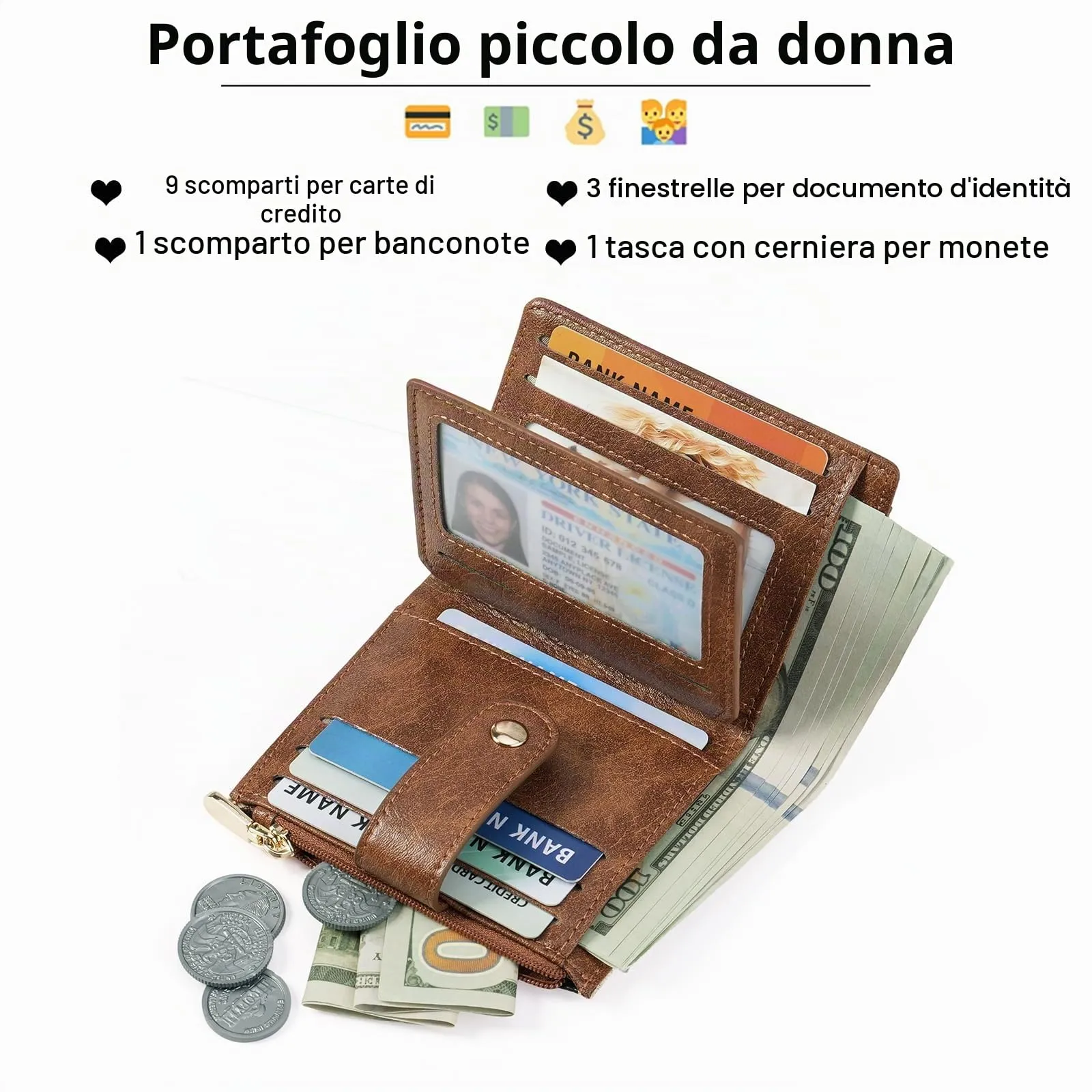 GOIACII Portafoglio da donna in pelle con blocco RFID, sottile, piccolo e in formato corto, per donne con chiusura lampo, portamonete, A05-leopardo marrone - immagine 3