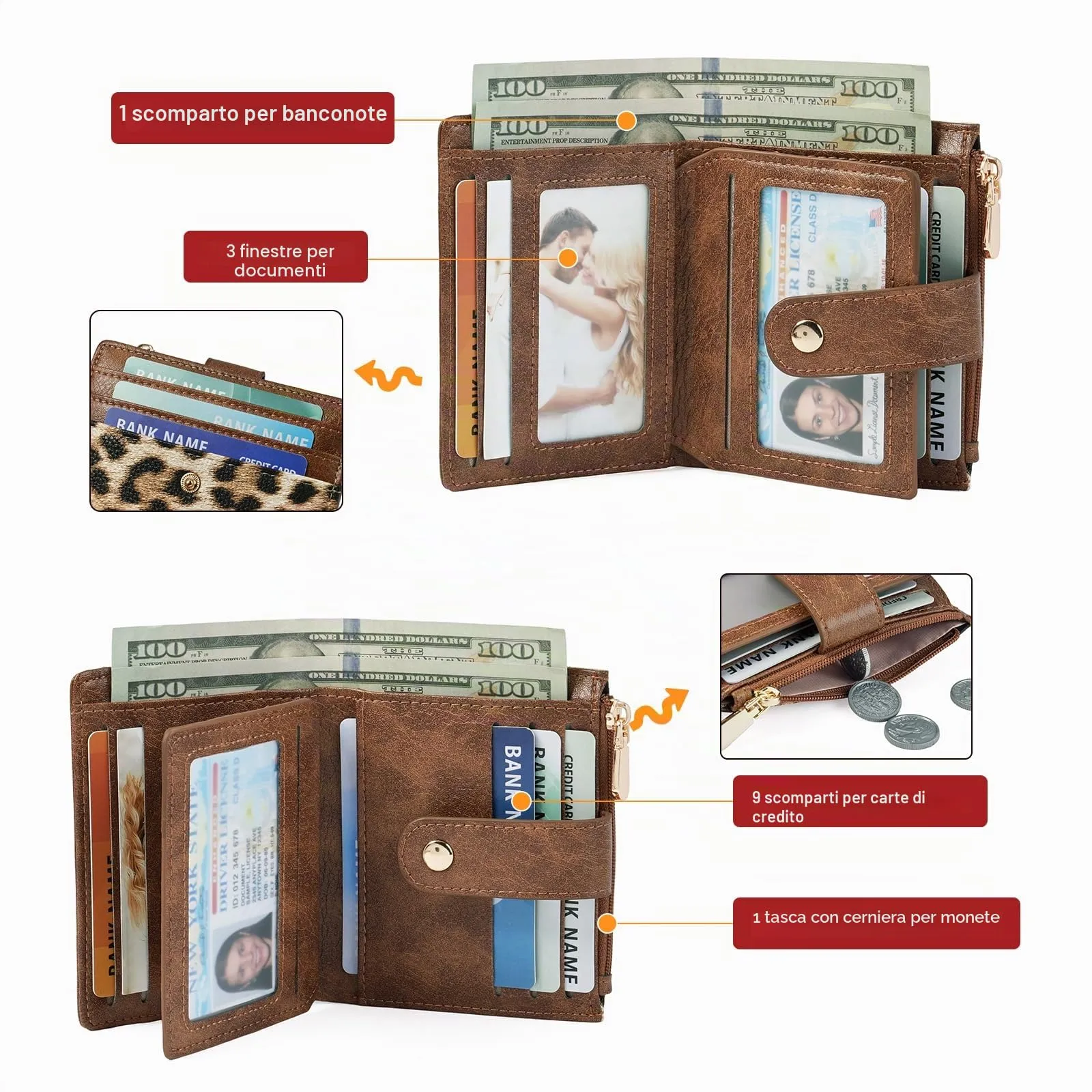 GOIACII Portafoglio da donna in pelle con blocco RFID, sottile, piccolo e in formato corto, per donne con chiusura lampo, portamonete, A05-leopardo marrone - immagine 6
