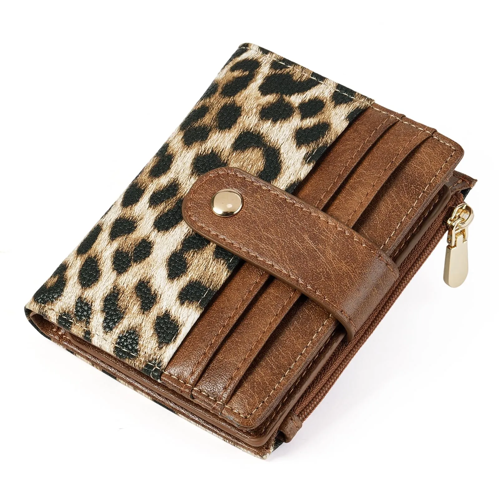 GOIACII Portafoglio da donna in pelle con blocco RFID, sottile, piccolo e in formato corto, per donne con chiusura lampo, portamonete, A05-leopardo marrone - immagine 9