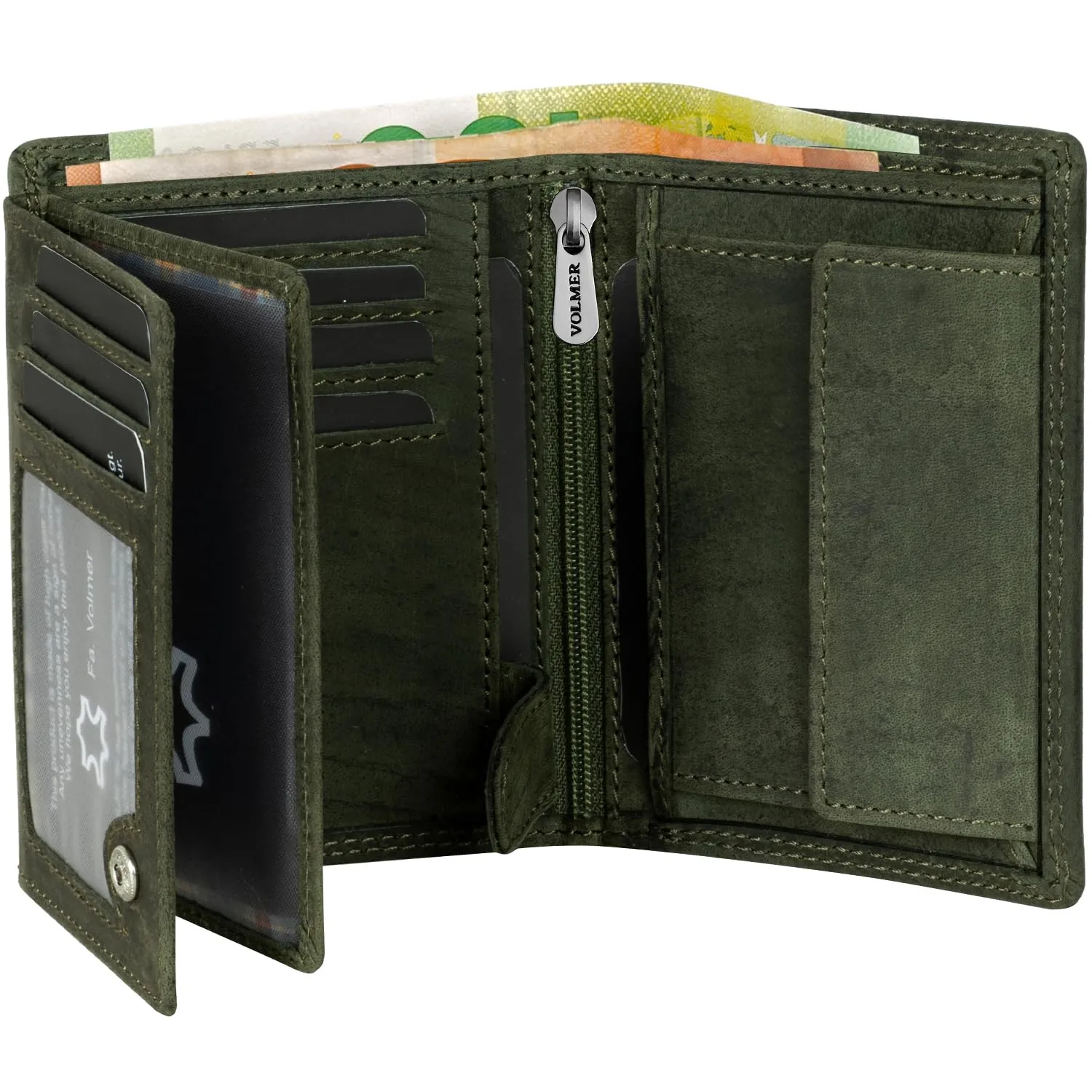 Fa.Volmer ® Portafoglio in vera pelle di bufalo, grande portafoglio per uomo e donna, protezione RFID testata TÜV (nero), Verde oliva, Triffold, Formato verticale - immagine 1