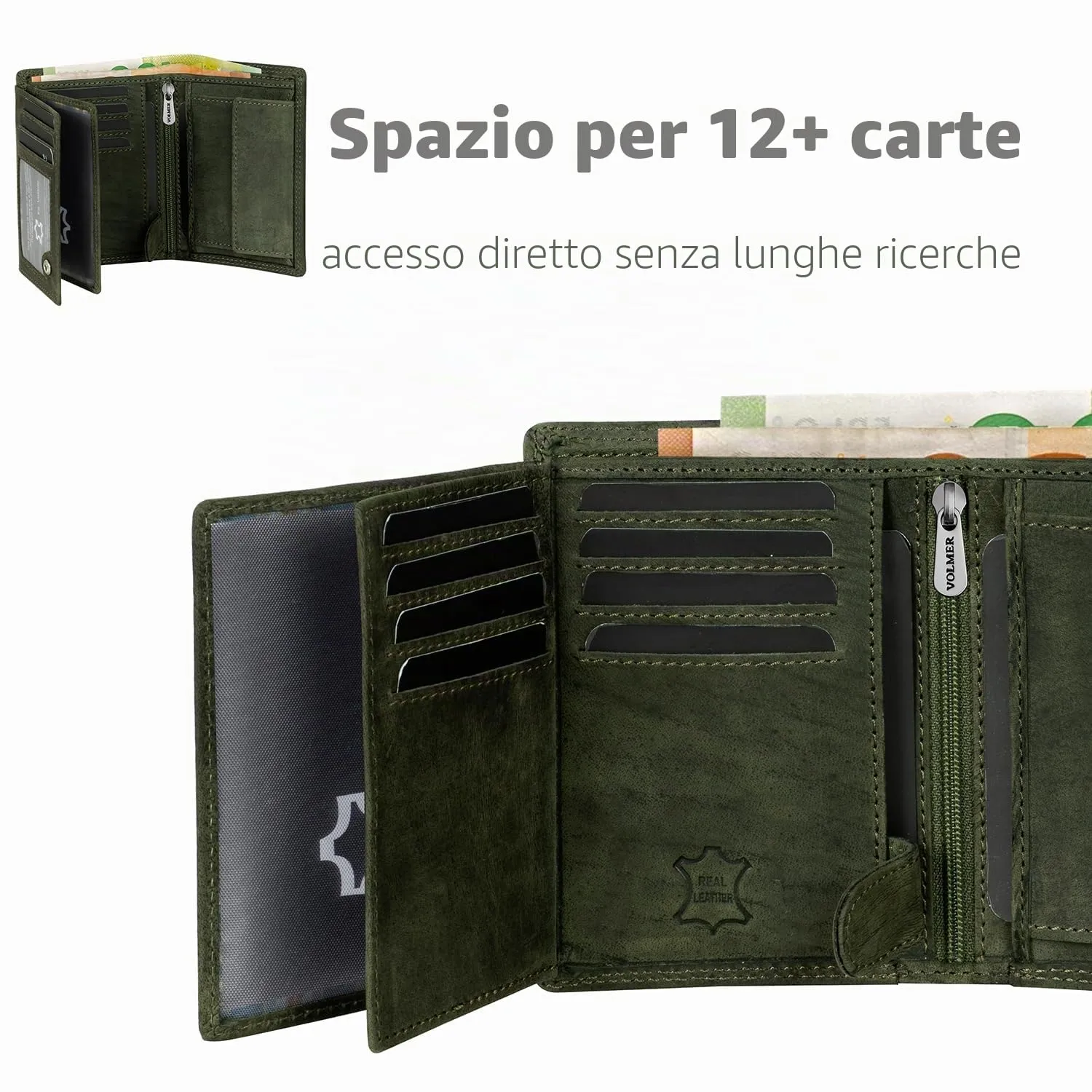 Fa.Volmer ® Portafoglio in vera pelle di bufalo, grande portafoglio per uomo e donna, protezione RFID testata TÜV (nero), Verde oliva, Triffold, Formato verticale - immagine 4