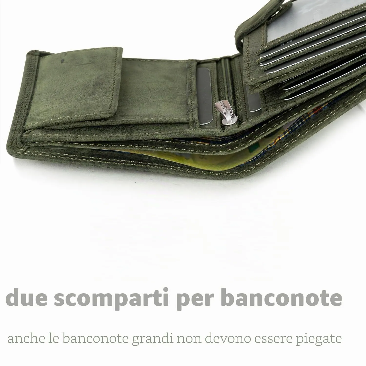Fa.Volmer ® Portafoglio in vera pelle di bufalo, grande portafoglio per uomo e donna, protezione RFID testata TÜV (nero), Verde oliva, Triffold, Formato verticale - immagine 5