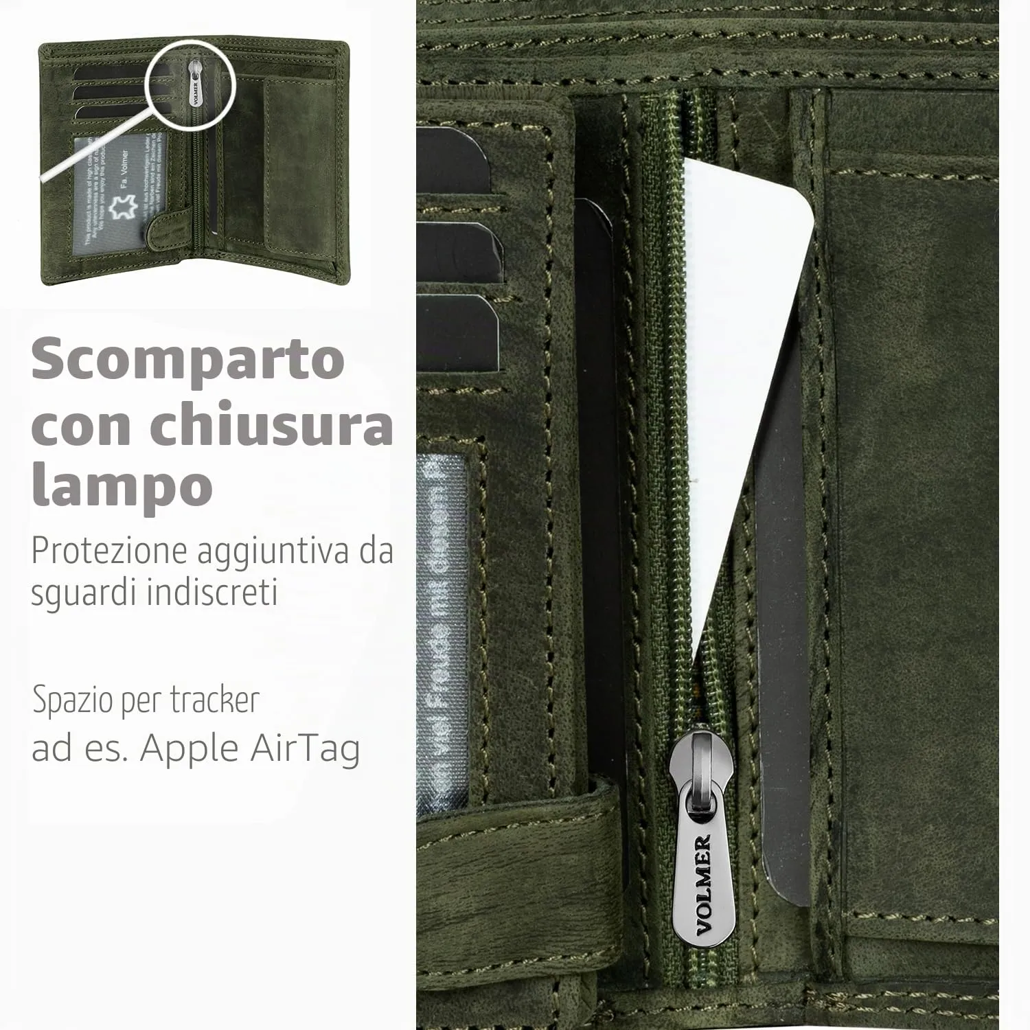 Fa.Volmer ® Portafoglio in vera pelle di bufalo, grande portafoglio per uomo e donna, protezione RFID testata TÜV (nero), Verde oliva, Triffold, Formato verticale - immagine 6