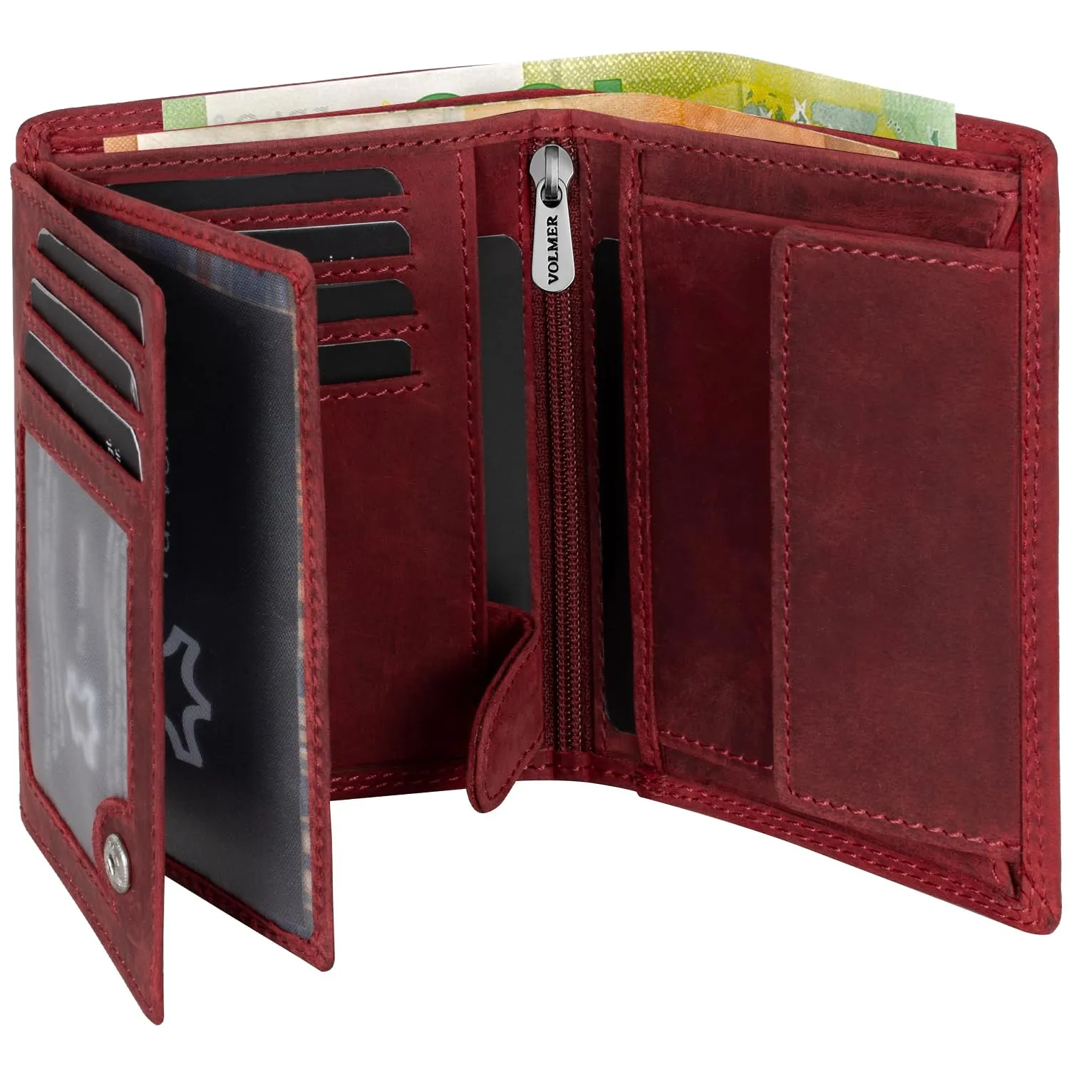 Fa.Volmer ® Portafoglio in vera pelle di bufalo, grande portafoglio per uomo e donna, certificato TÜV, protezione RFID, colore marrone e nero, Rosso, 12,5x9,5x2,5 cm, Formato verticale - immagine 1