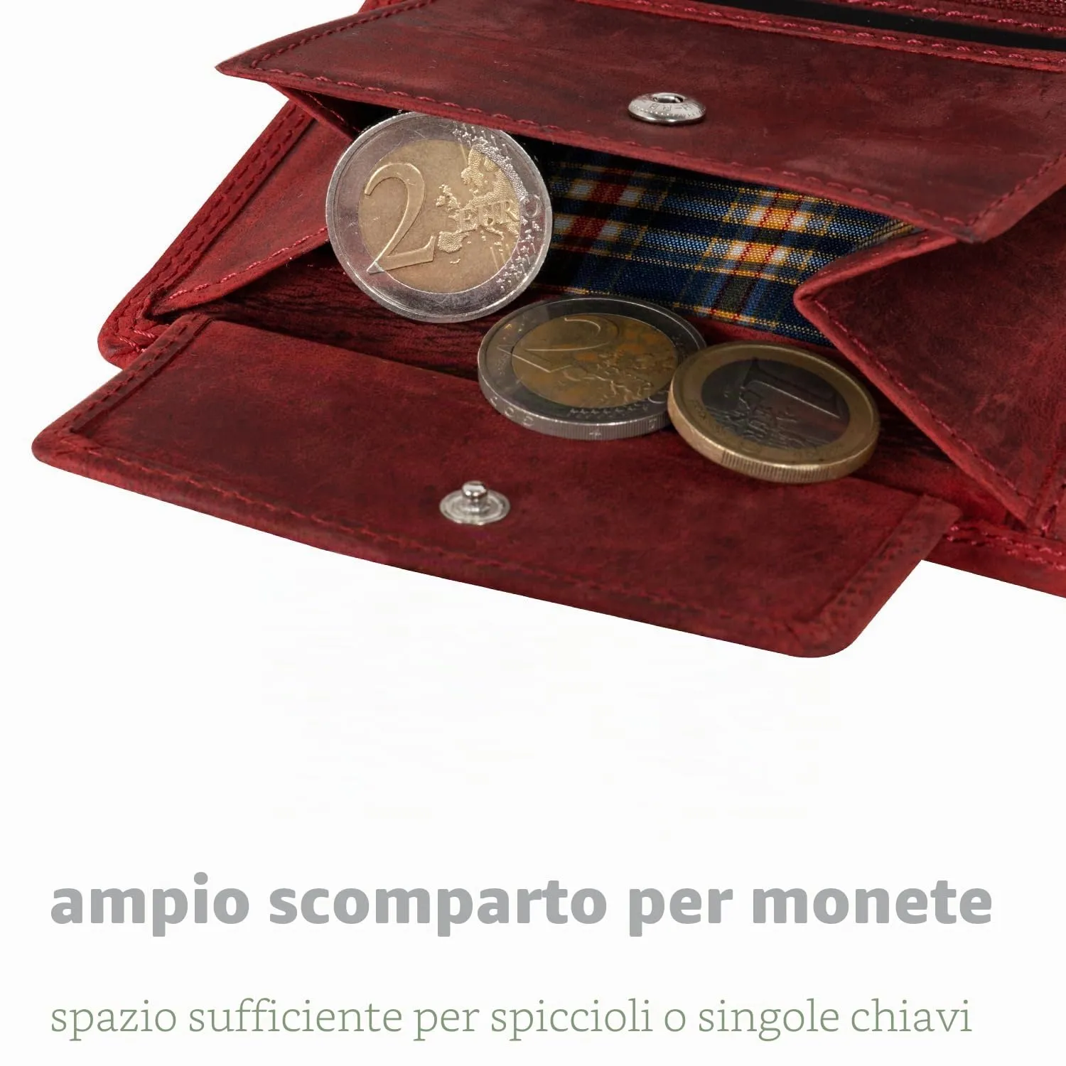 Fa.Volmer ® Portafoglio in vera pelle di bufalo, grande portafoglio per uomo e donna, certificato TÜV, protezione RFID, colore marrone e nero, Rosso, 12,5x9,5x2,5 cm, Formato verticale - immagine 3