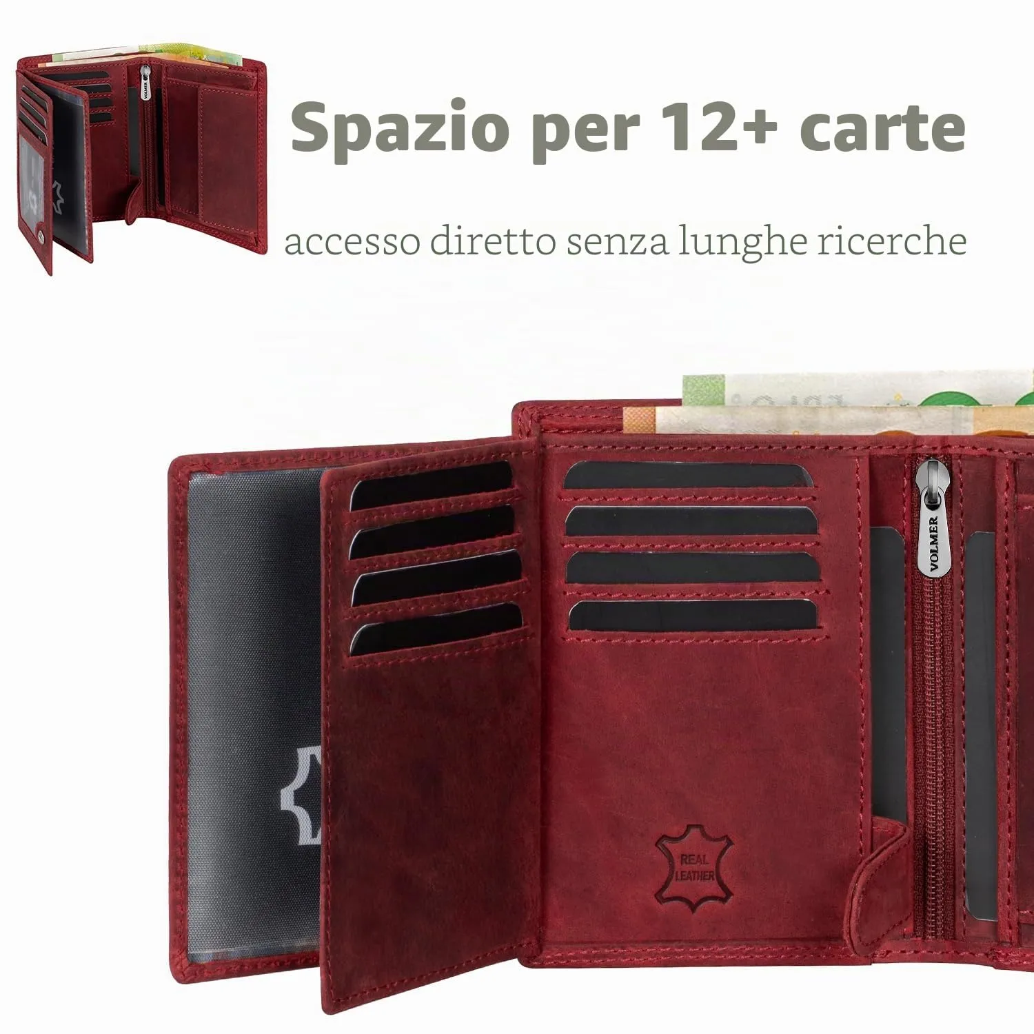 Fa.Volmer ® Portafoglio in vera pelle di bufalo, grande portafoglio per uomo e donna, certificato TÜV, protezione RFID, colore marrone e nero, Rosso, 12,5x9,5x2,5 cm, Formato verticale - immagine 4