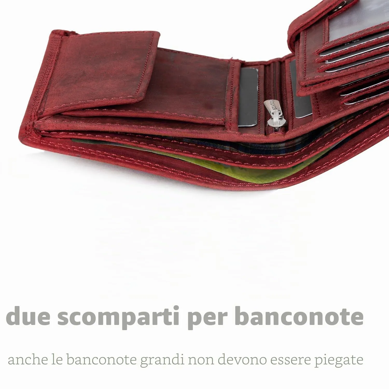Fa.Volmer ® Portafoglio in vera pelle di bufalo, grande portafoglio per uomo e donna, certificato TÜV, protezione RFID, colore marrone e nero, Rosso, 12,5x9,5x2,5 cm, Formato verticale - immagine 5