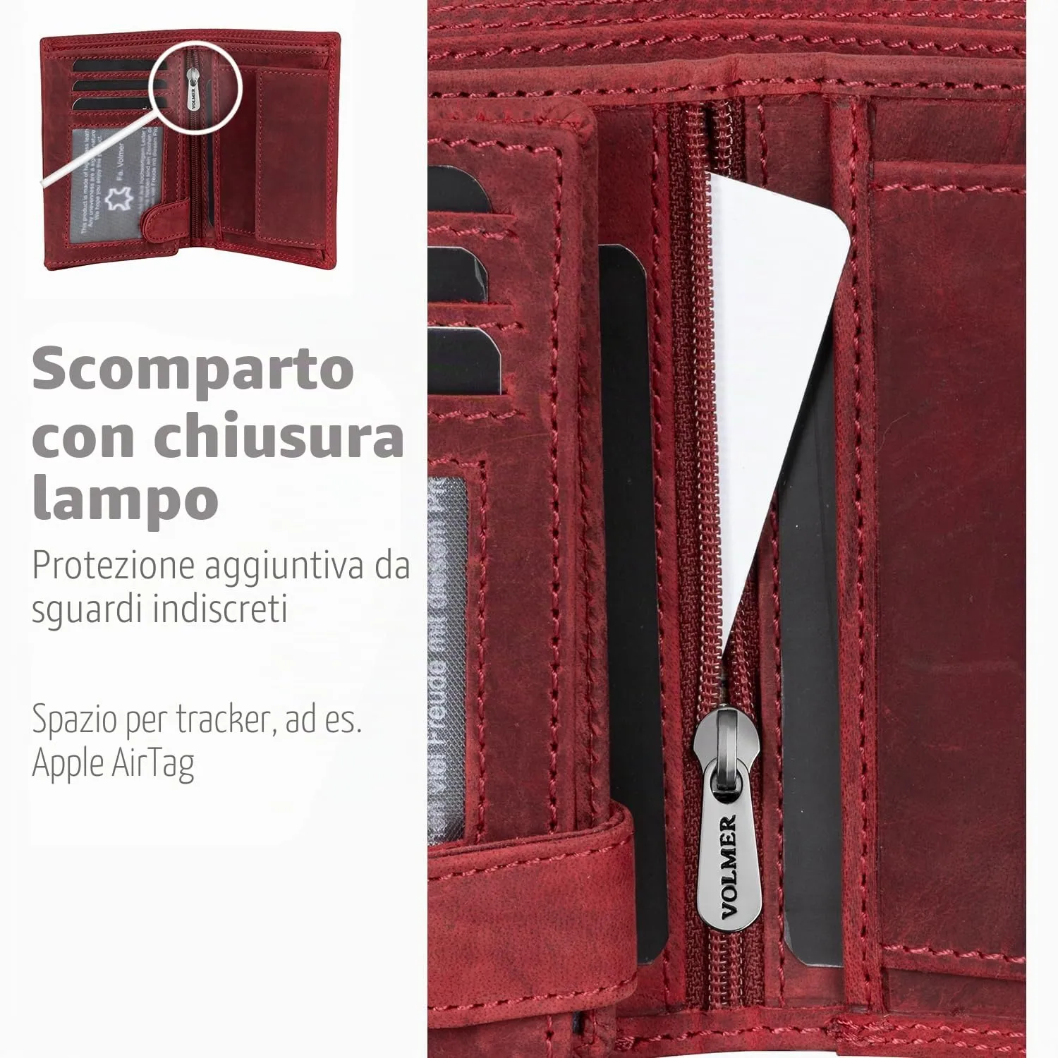 Fa.Volmer ® Portafoglio in vera pelle di bufalo, grande portafoglio per uomo e donna, certificato TÜV, protezione RFID, colore marrone e nero, Rosso, 12,5x9,5x2,5 cm, Formato verticale - immagine 6