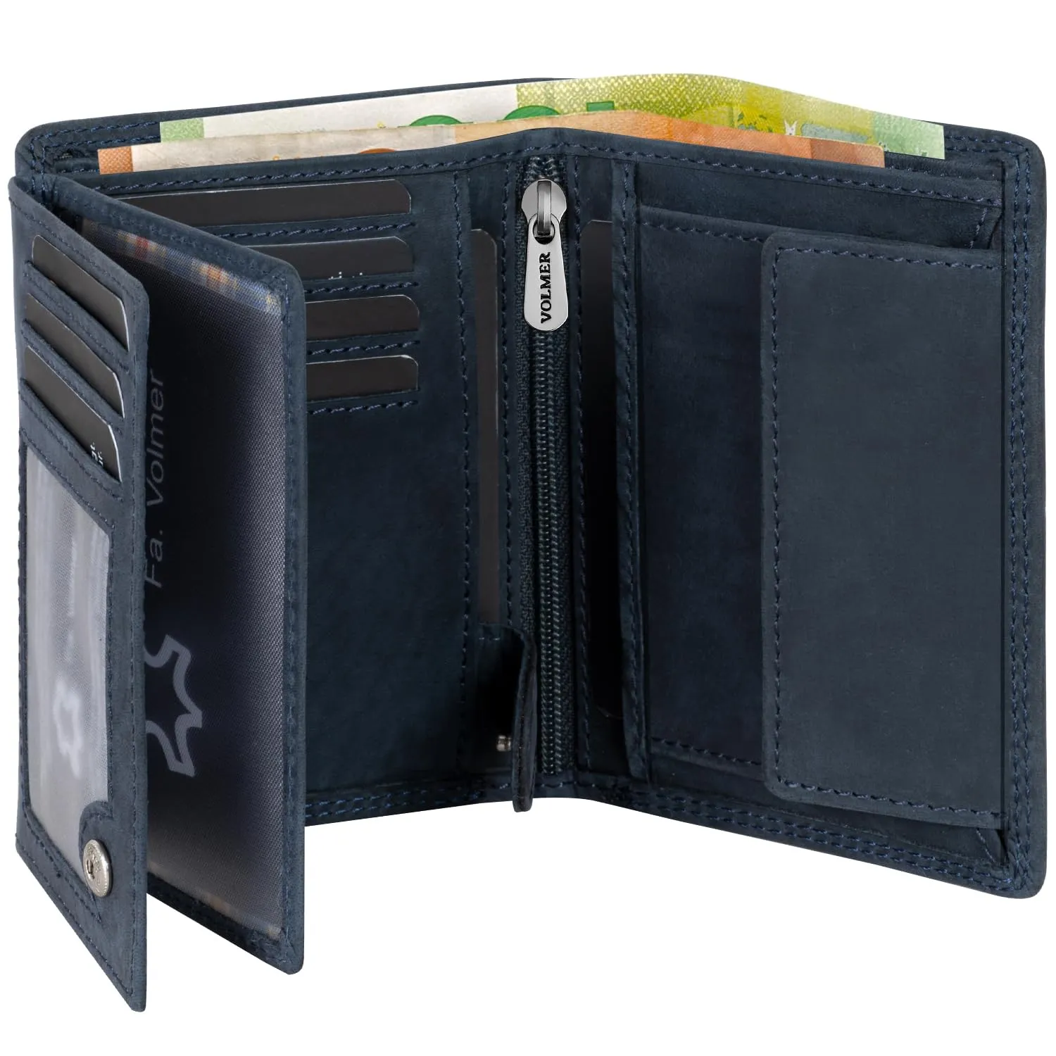 Fa.Volmer ® Portafoglio in vera pelle di bufalo, grande portafoglio per uomo e donna, protezione RFID testata TÜV (nero), Hunter Navy, Triffold, Formato verticale - immagine 1