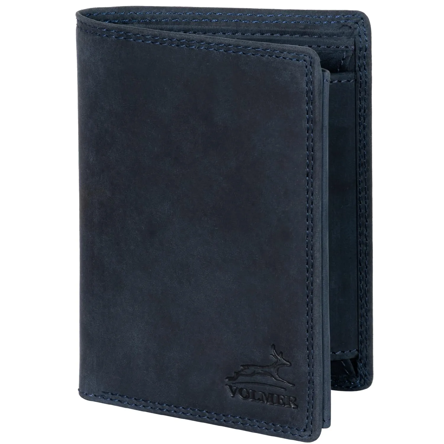 Fa.Volmer ® Portafoglio in vera pelle di bufalo, grande portafoglio per uomo e donna, protezione RFID testata TÜV (nero), Hunter Navy, Triffold, Formato verticale - immagine 2