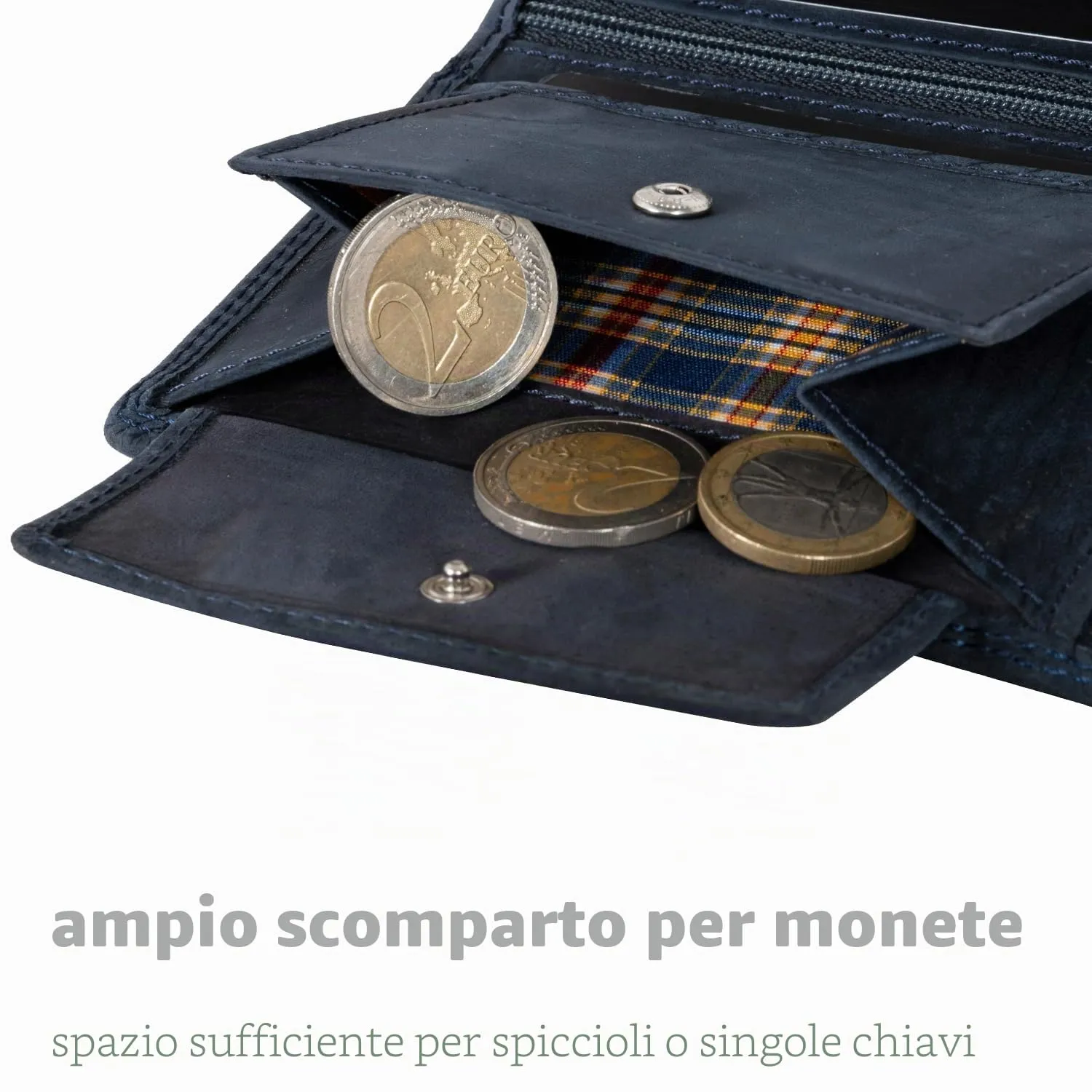 Fa.Volmer ® Portafoglio in vera pelle di bufalo, grande portafoglio per uomo e donna, protezione RFID testata TÜV (nero), Hunter Navy, Triffold, Formato verticale - immagine 3