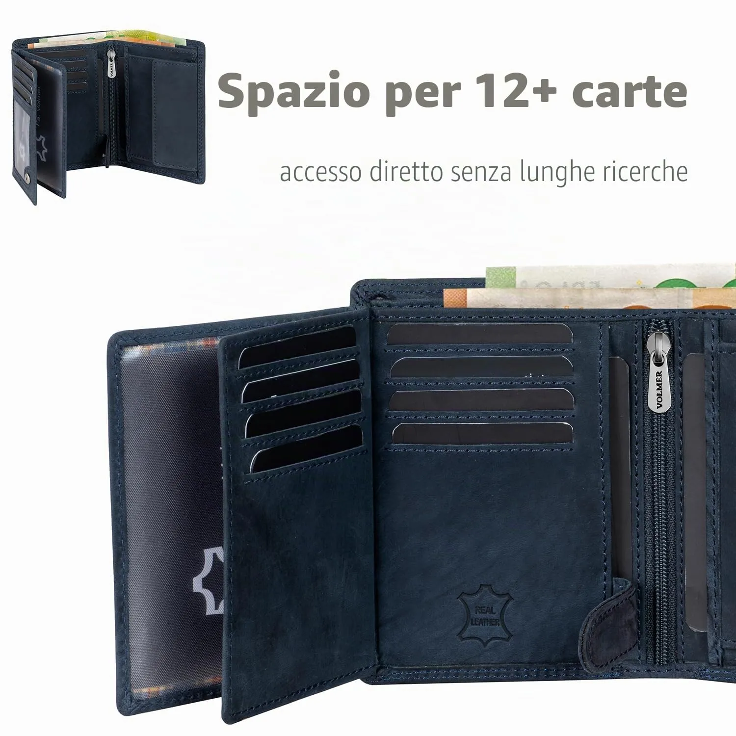 Fa.Volmer ® Portafoglio in vera pelle di bufalo, grande portafoglio per uomo e donna, protezione RFID testata TÜV (nero), Hunter Navy, Triffold, Formato verticale - immagine 4