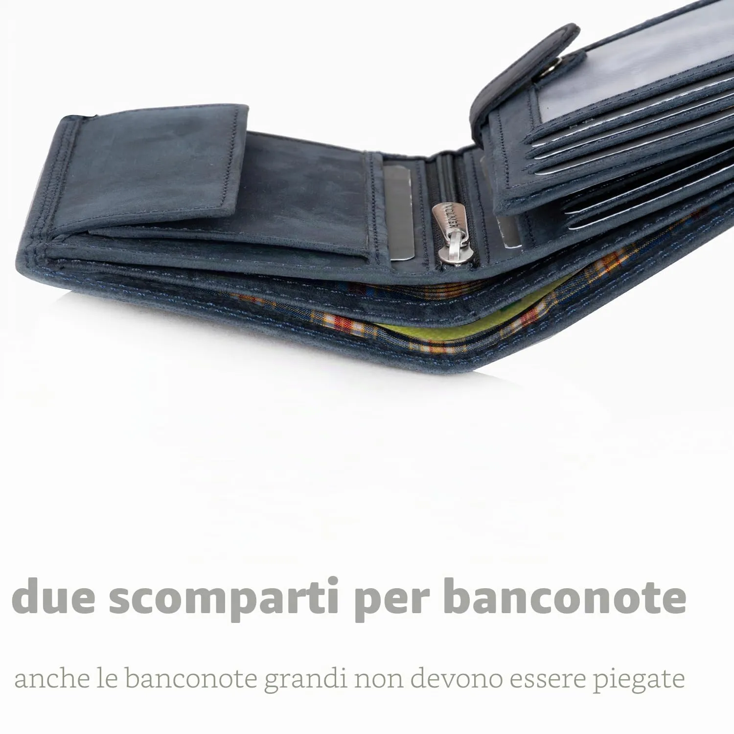Fa.Volmer ® Portafoglio in vera pelle di bufalo, grande portafoglio per uomo e donna, protezione RFID testata TÜV (nero), Hunter Navy, Triffold, Formato verticale - immagine 5