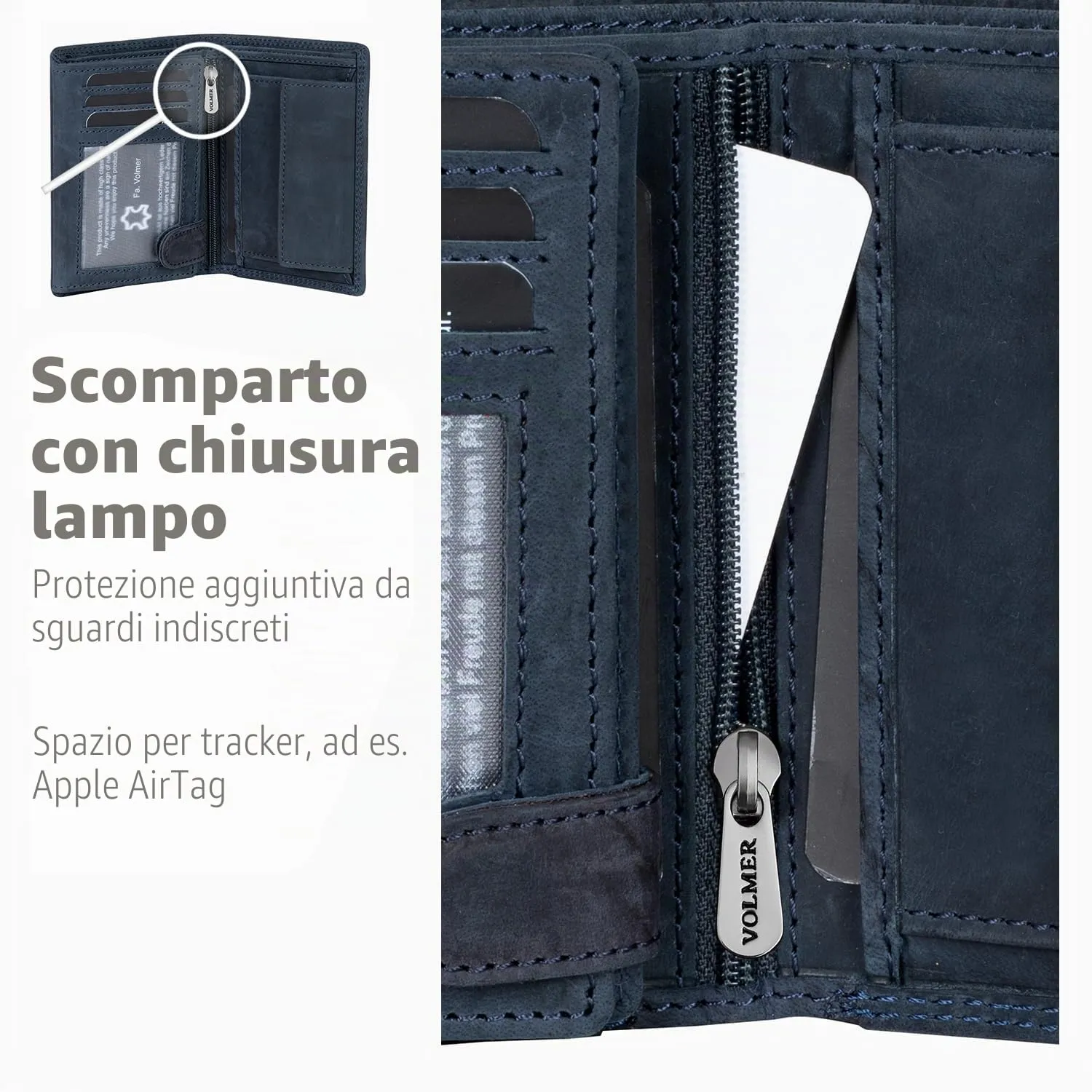 Fa.Volmer ® Portafoglio in vera pelle di bufalo, grande portafoglio per uomo e donna, protezione RFID testata TÜV (nero), Hunter Navy, Triffold, Formato verticale - immagine 6
