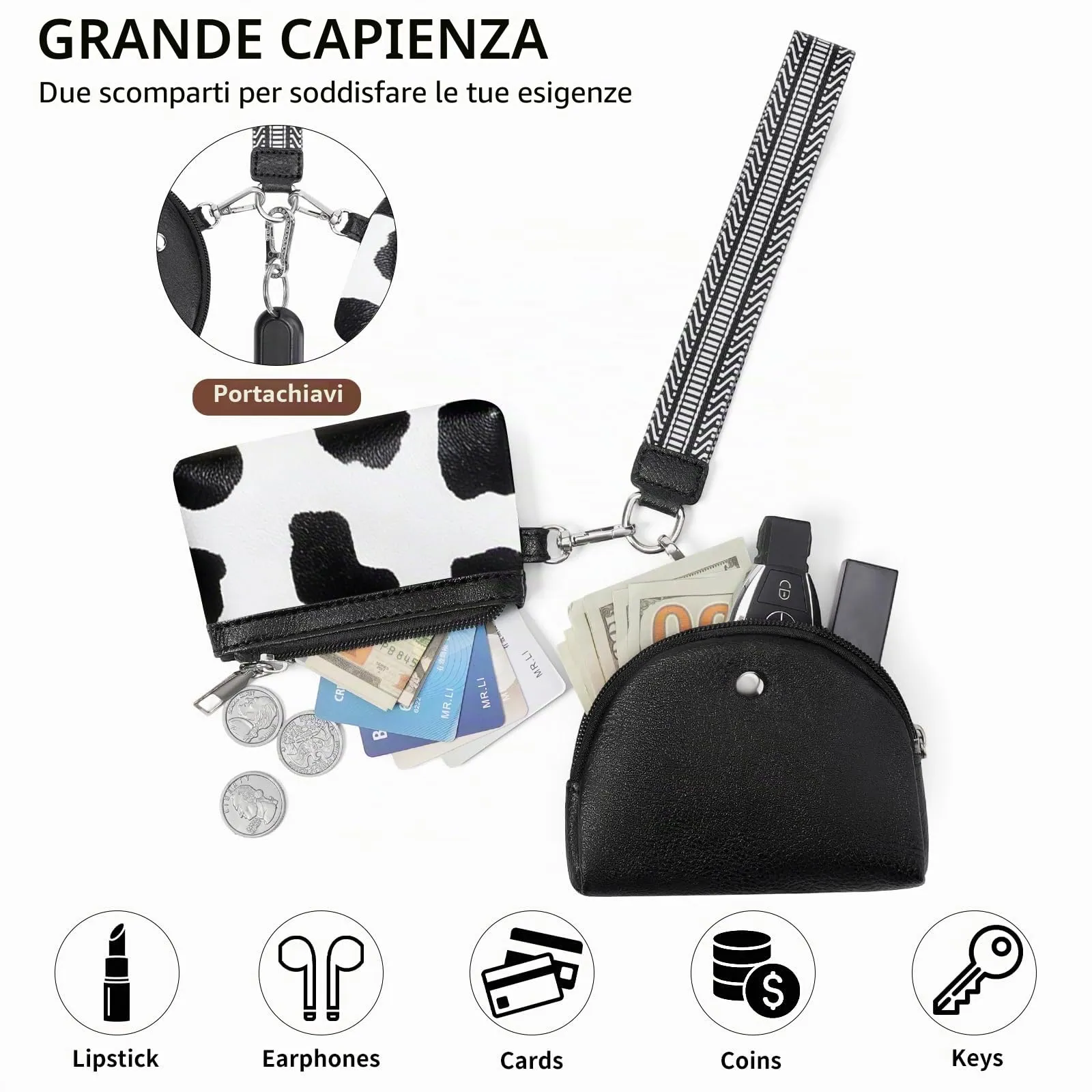 SENDEFN Mini Portafoglio Donna, 2 Pezzi Portamonete con Cerniera e Wristlet Rimovibile, Porta Carte Piccolo, Coin Purse, Borsa per Chiavi in Pelle Vegana - immagine 2