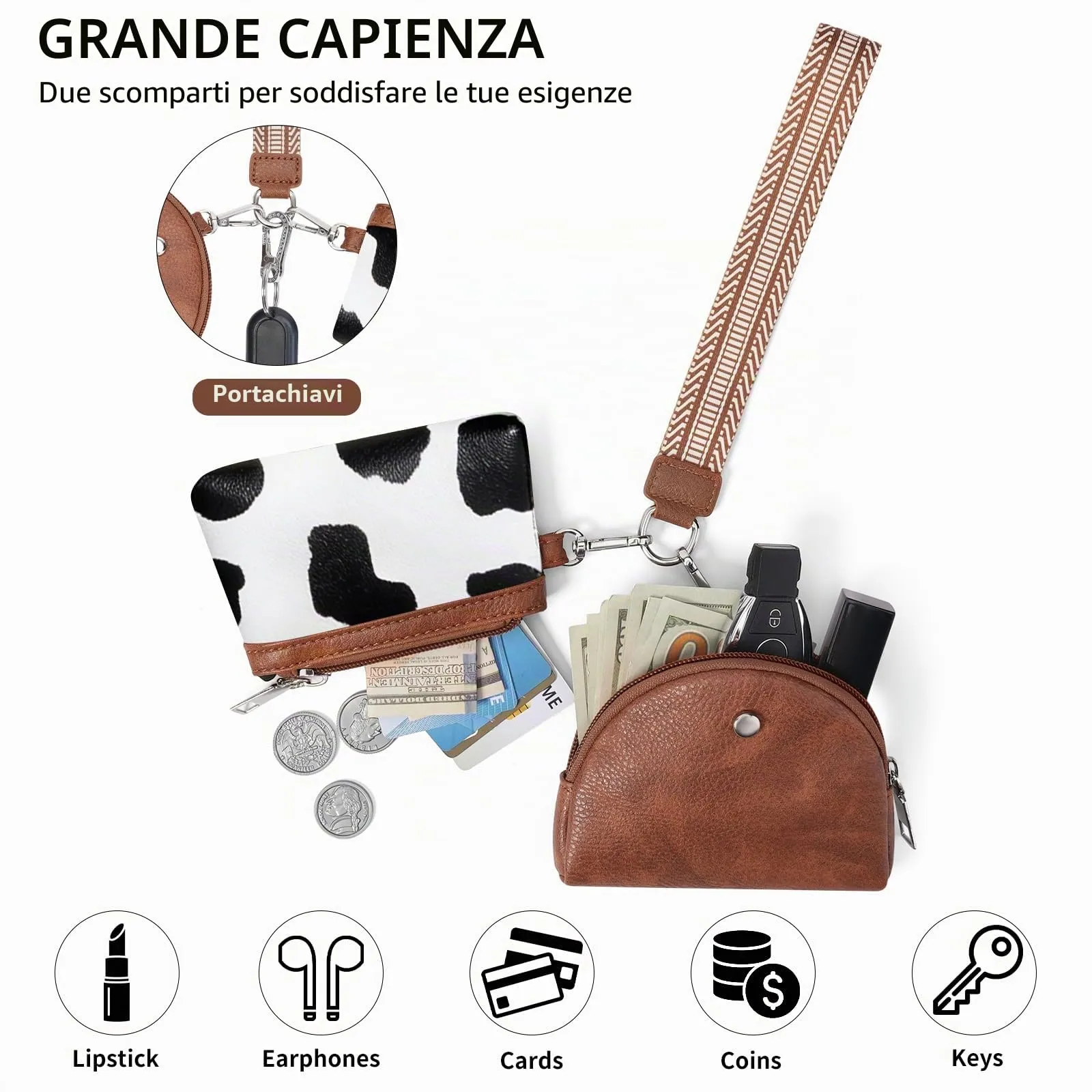SENDEFN Mini Portafoglio Donna, 2 Pezzi Portamonete con Cerniera e Wristlet Rimovibile, Porta Carte Piccolo, Coin Purse, Borsa per Chiavi in Pelle Vegana - immagine 2
