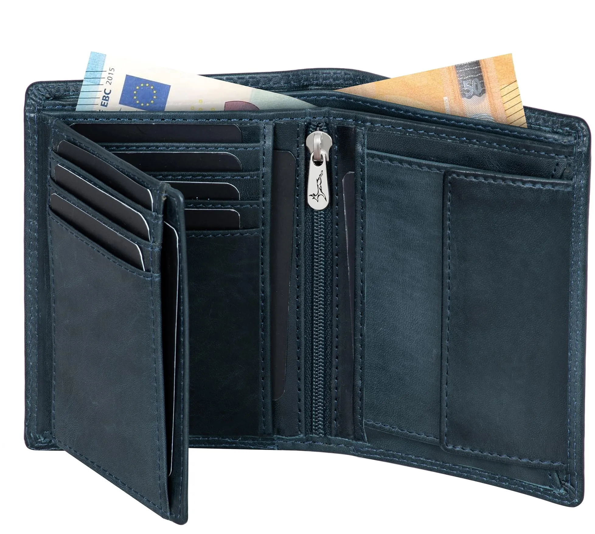 Fa.Volmer Portafoglio in vera pelle di bufalo, grande portafoglio per uomo e donna, protezione RFID certificata TÜV, colore, blu notte, 12,5x9,5x2,5 cm, Formato verticale - immagine 1