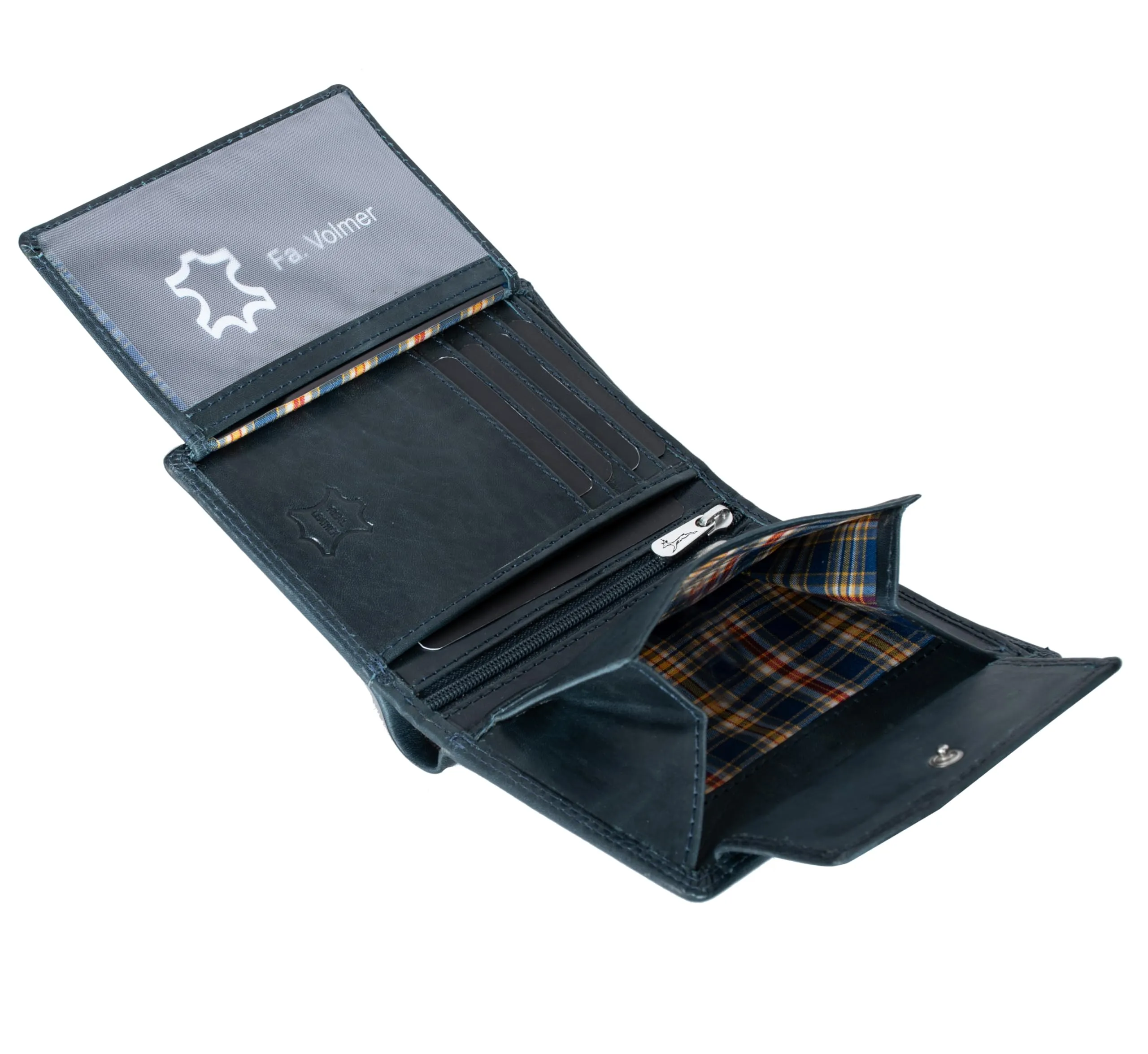 Fa.Volmer Portafoglio in vera pelle di bufalo, grande portafoglio per uomo e donna, protezione RFID certificata TÜV, colore, blu notte, 12,5x9,5x2,5 cm, Formato verticale - immagine 5