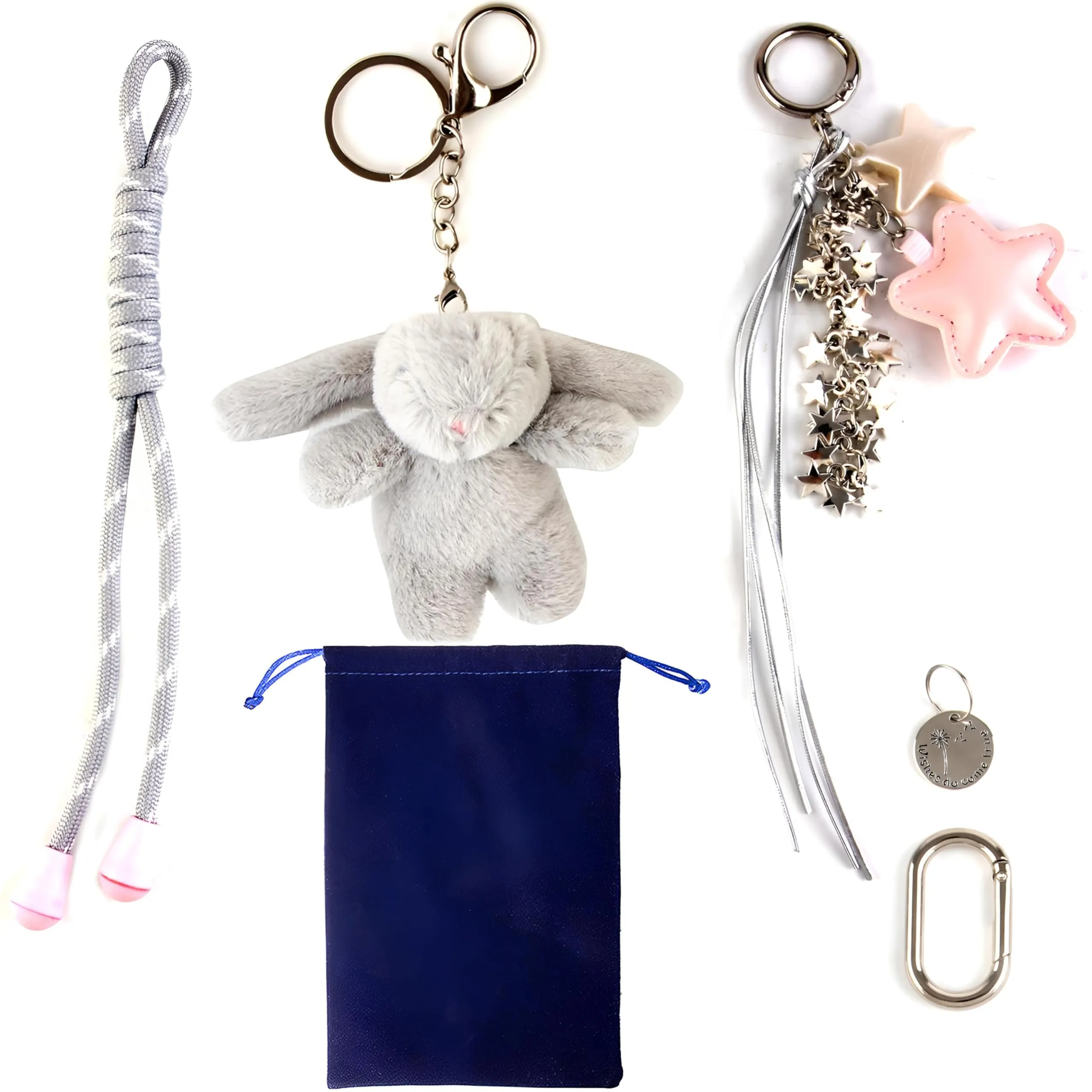 Georgie Porgy Portachiavi Borse Accessori per Donna Borsa Ciondolo Borsa Charm Zaino Scuola Borsa Sportiva Cute Keychain Regali per Ragazze (Coniglietto Stelle Grigio) - immagine 2