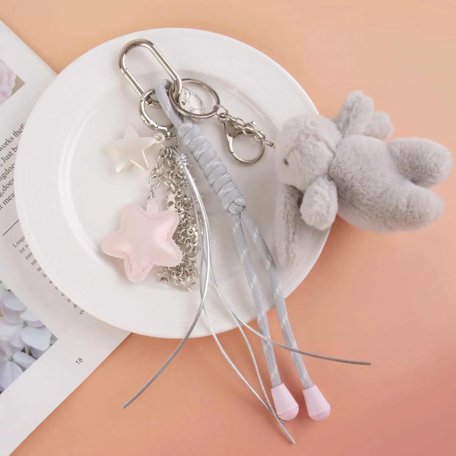 Georgie Porgy Portachiavi Borse Accessori per Donna Borsa Ciondolo Borsa Charm Zaino Scuola Borsa Sportiva Cute Keychain Regali per Ragazze (Coniglietto Stelle Grigio) - immagine 4