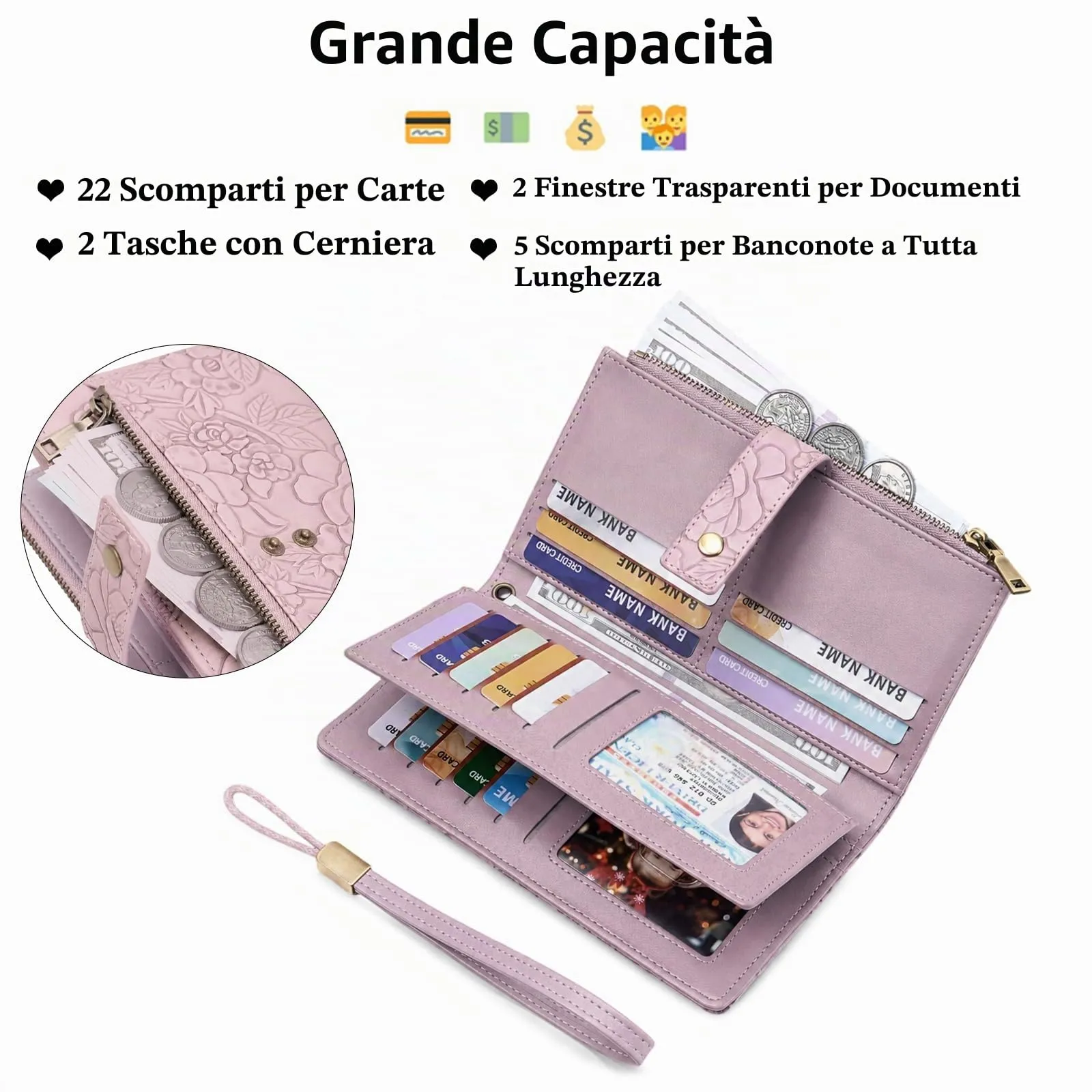 SENDEFN Portafoglio Donna Grande, Portamonete con Doppia Cerniera - immagine 2