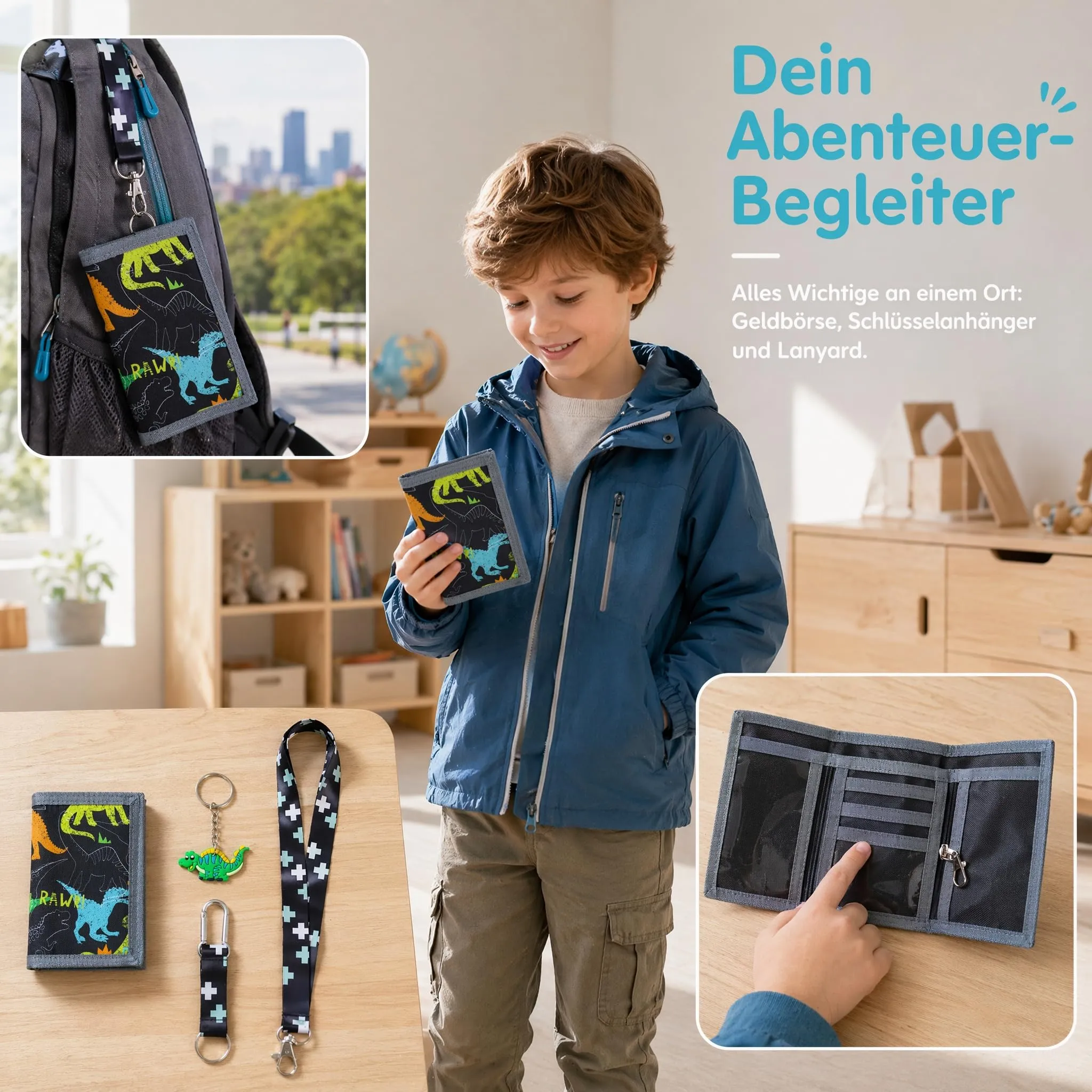 GADITIEK Portafoglio Bambino, Portafogli Bambini Trifold con Cordino, portafoglio ragazzo per Bambini di Età Compresa Tra 5 e 12 Anni Regalo di Natale di Compleanno (Razzo) (EX-Dinosaur) - immagine 7