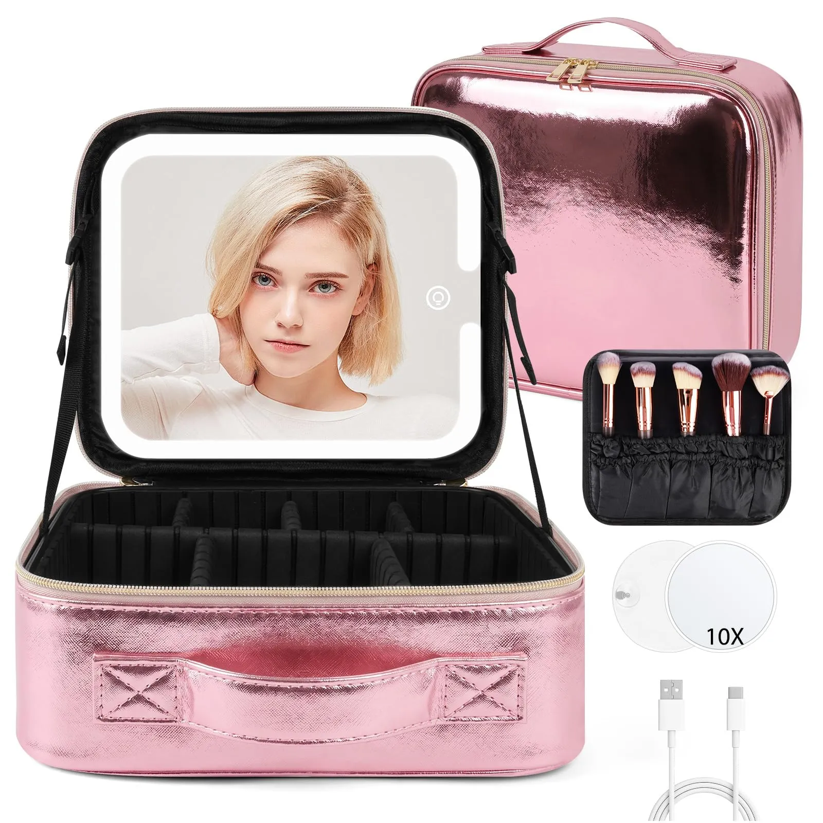 OSDUE Beauty Case da Viaggio Donna, con Specchio LED, Divisore, 23x26cm - immagine 1