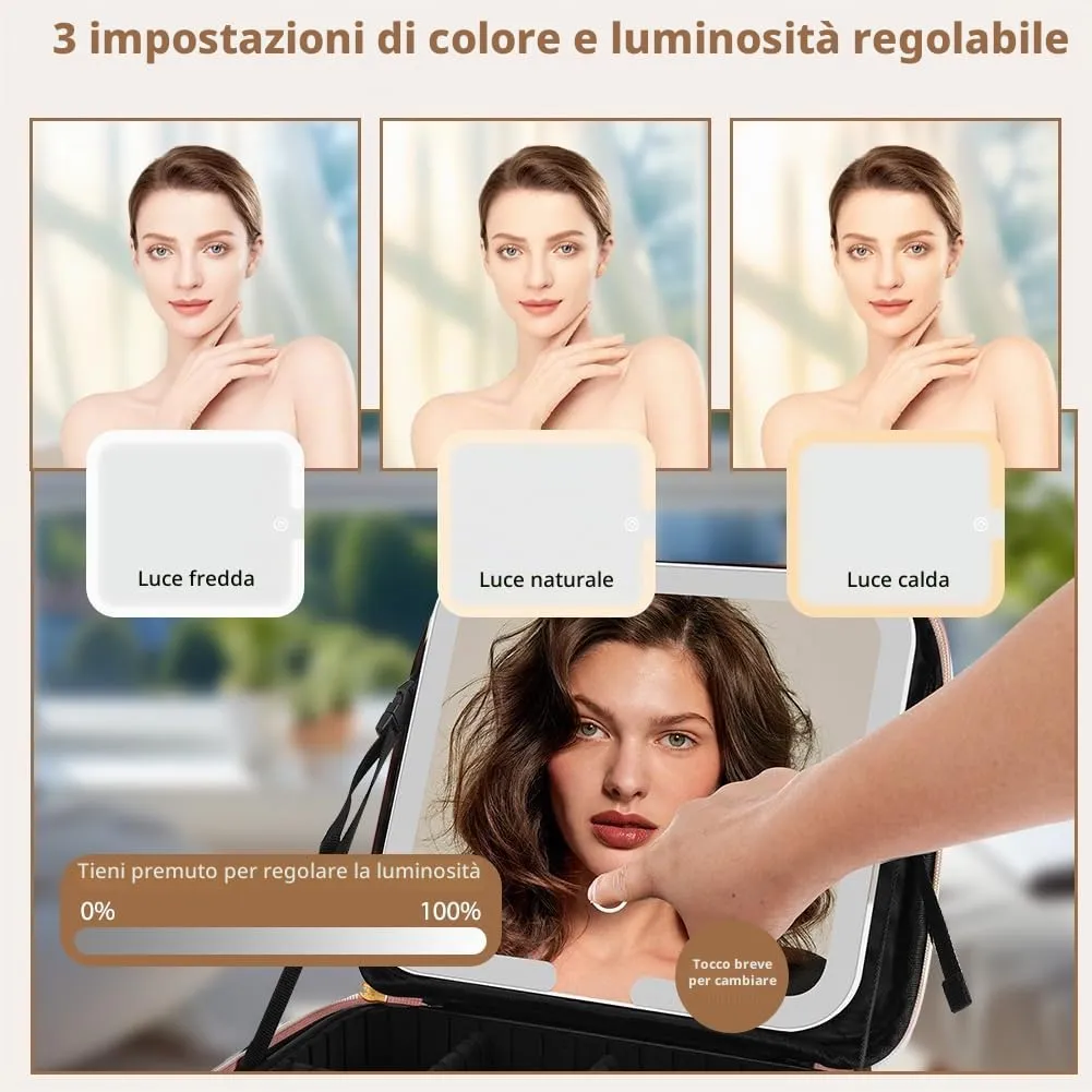 OSDUE Beauty Case da Viaggio Donna, con Specchio LED, Divisore, 23x26cm - immagine 3