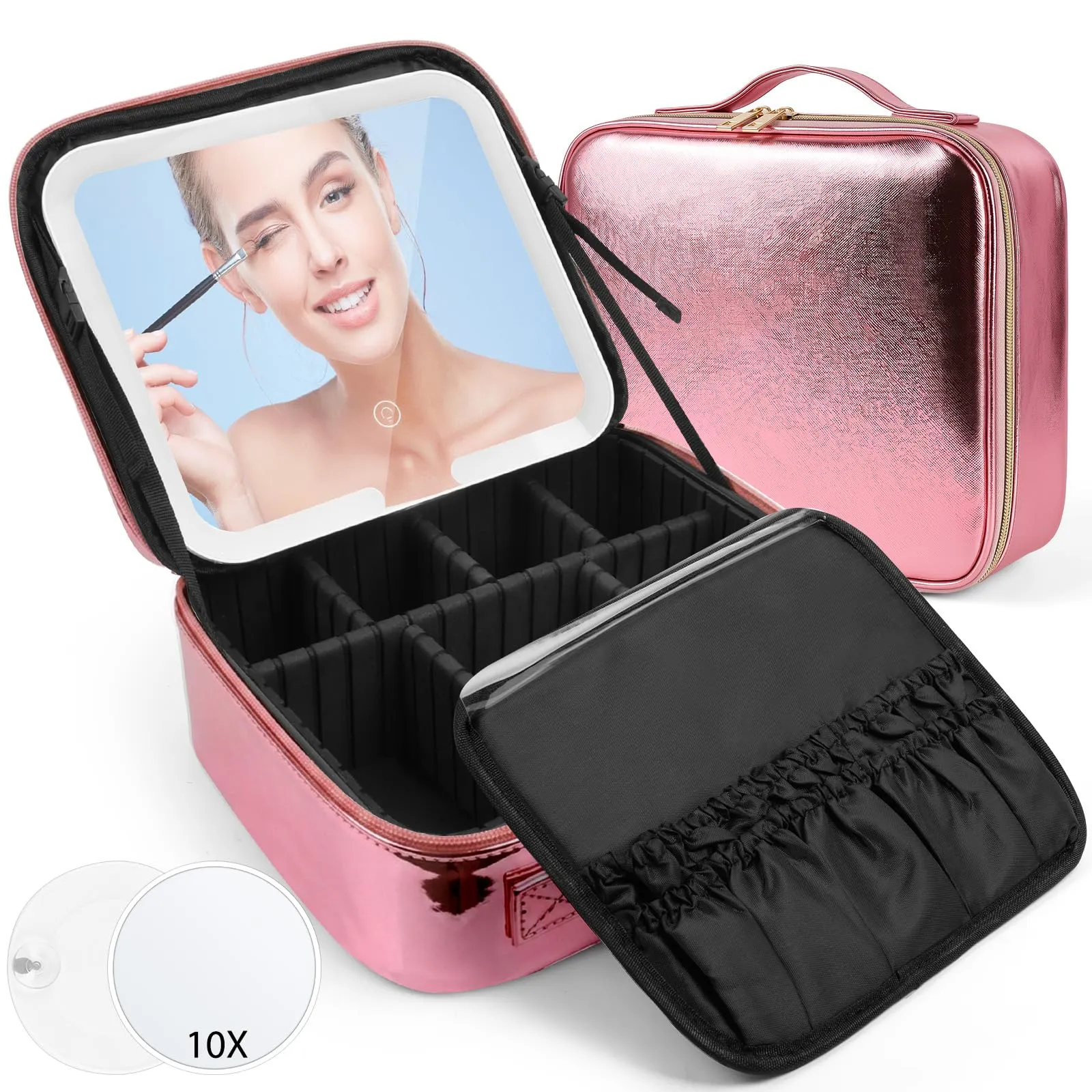 OSDUE Beauty Case da Viaggio Donna, con Specchio LED, Divisore, 23x26cm - immagine 9