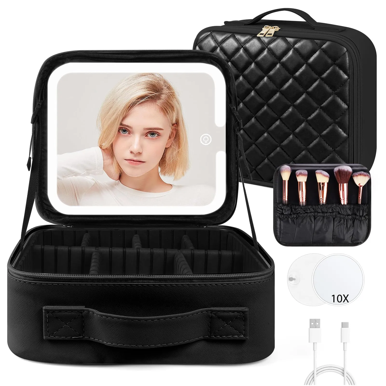 OSDUE Beauty Case da Viaggio Donna, con Specchio LED, Divisore, 23x26cm - immagine 1