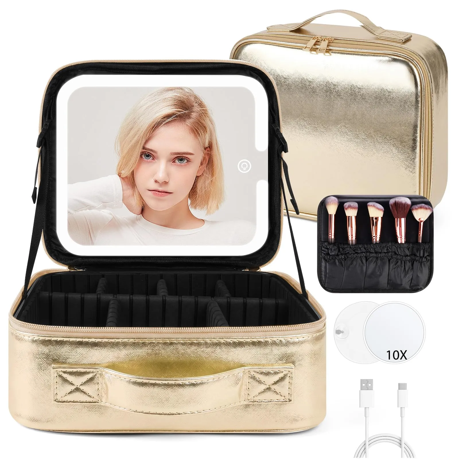OSDUE Beauty Case da Viaggio Donna, con Specchio LED, Divisore, 23x26cm - immagine 1