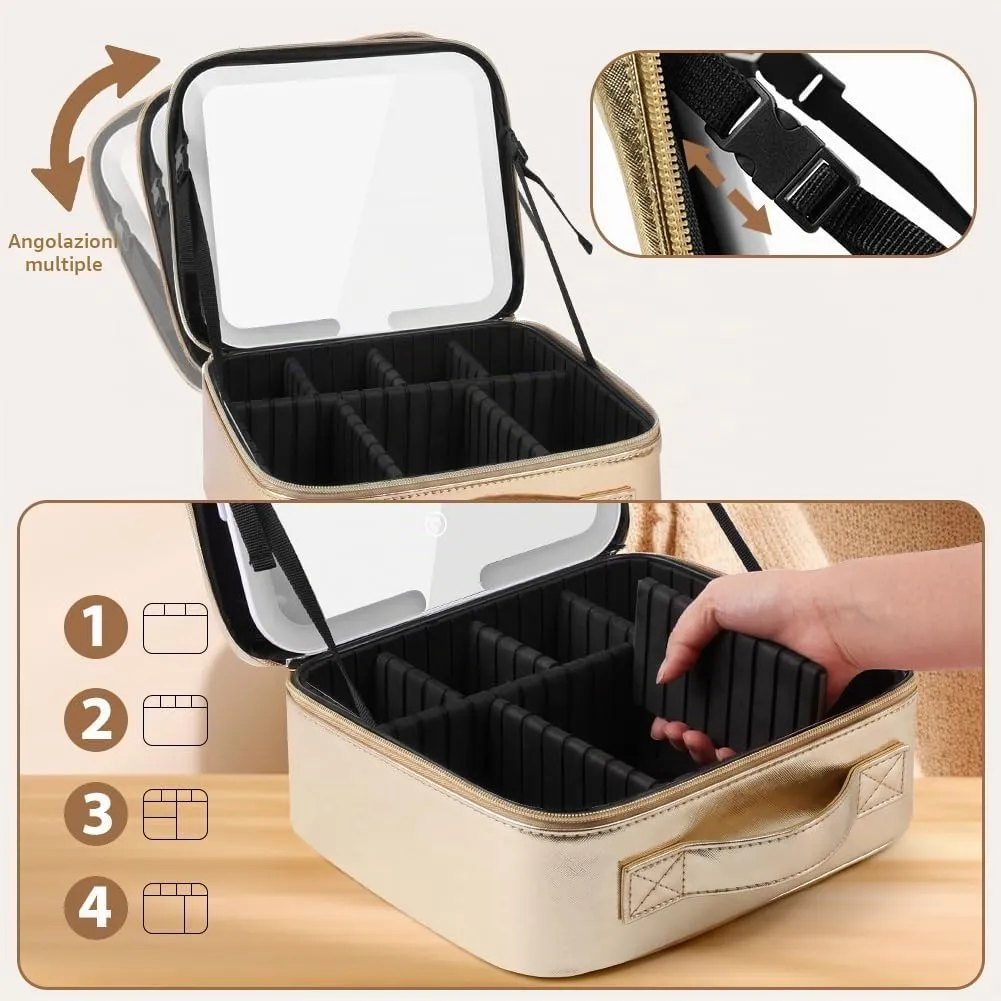 OSDUE Beauty Case da Viaggio Donna, con Specchio LED, Divisore, 23x26cm - immagine 4