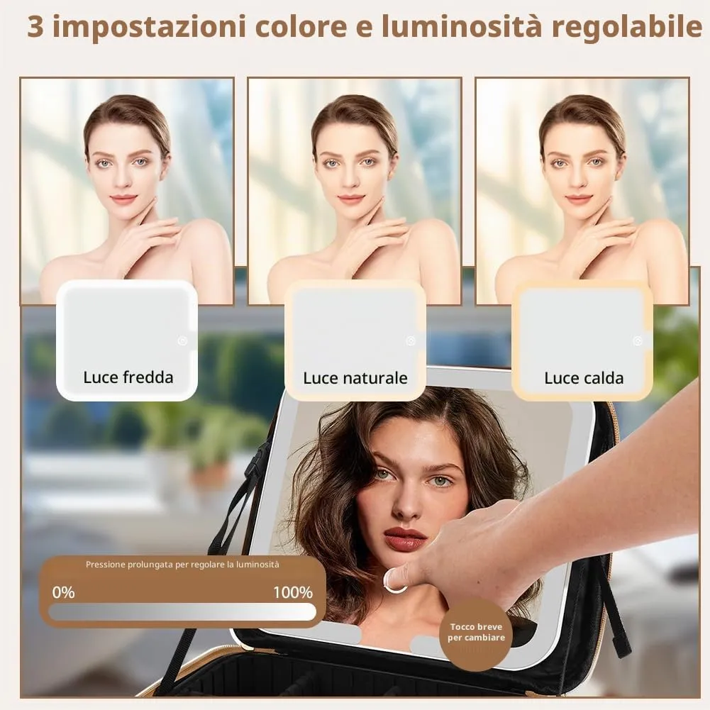 OSDUE Beauty Case da Viaggio Donna, con Specchio LED, Divisore, 23x26cm - immagine 3